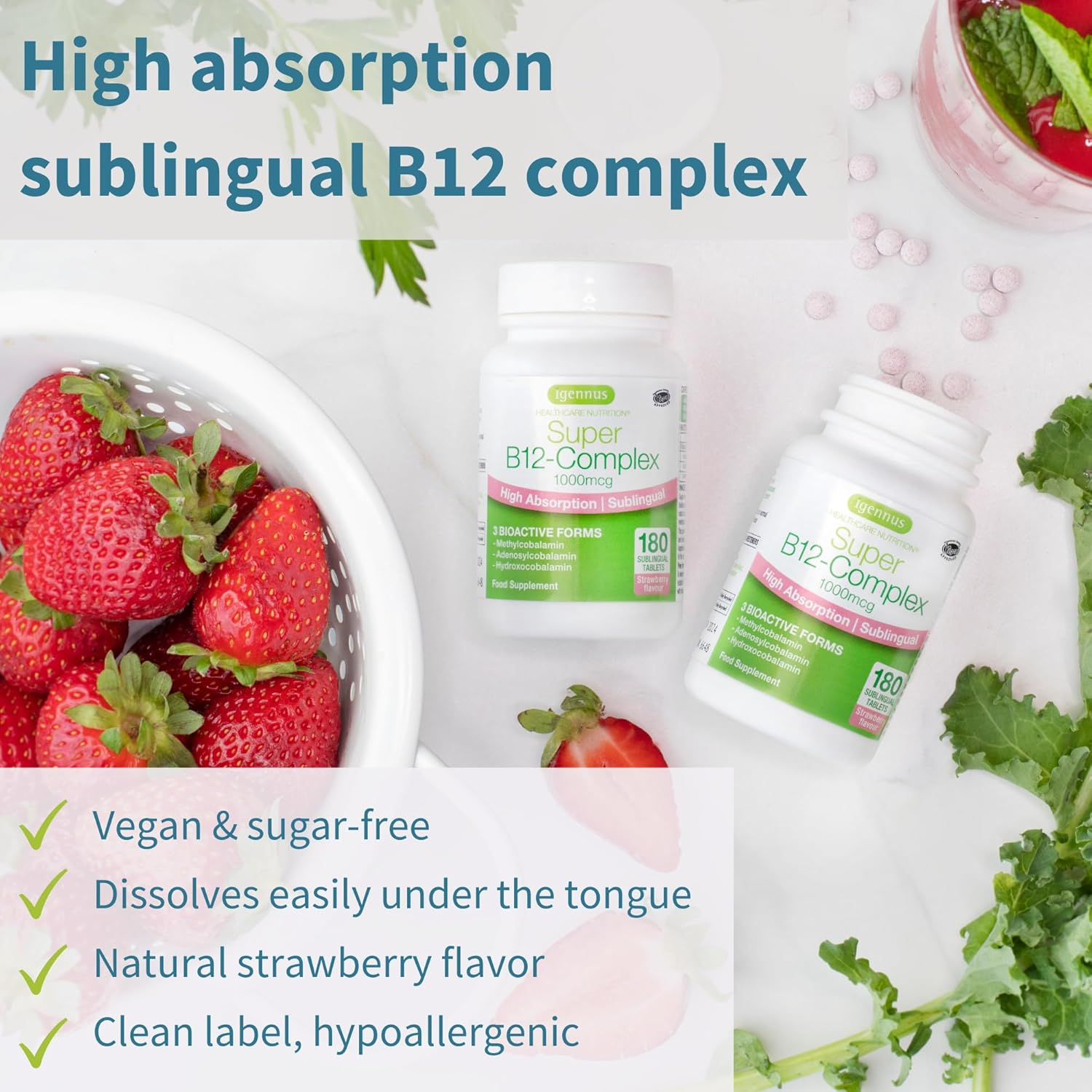 Super B12-Complex 1000Mcg, High Absorption Sublingual Vitamin B12 in Three Bioactive Forms with Methylcobalamin, Vegan, 180 Tablets image number 2