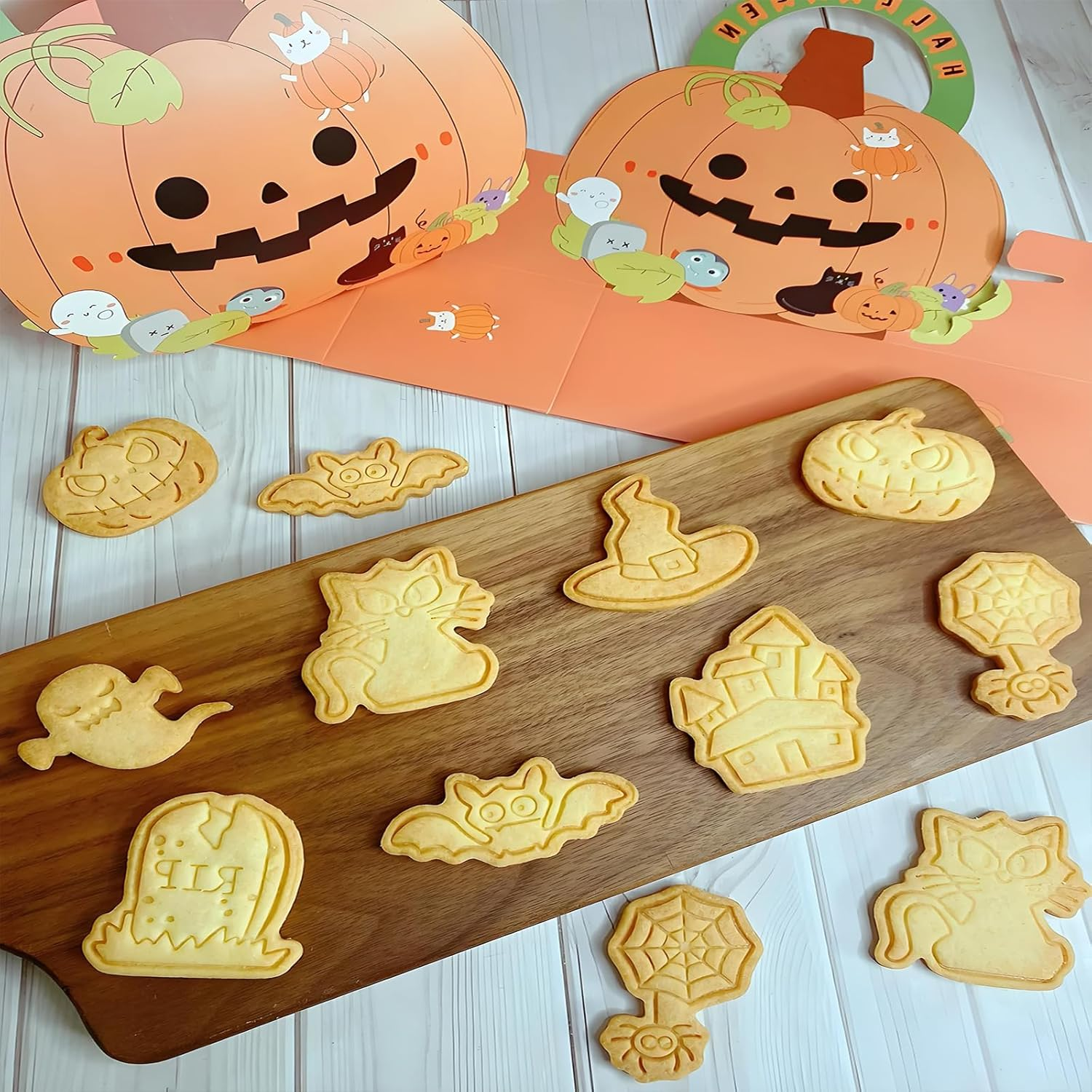 LEISWAYON 8 Pcs Mini Halloween Cookie Cutters, 3D Ghost Raised Design Cookie Stamps, Cookie Cutter Set Suitable for Frosting Decoration, Day of the Dead Decorations (A) image number 1