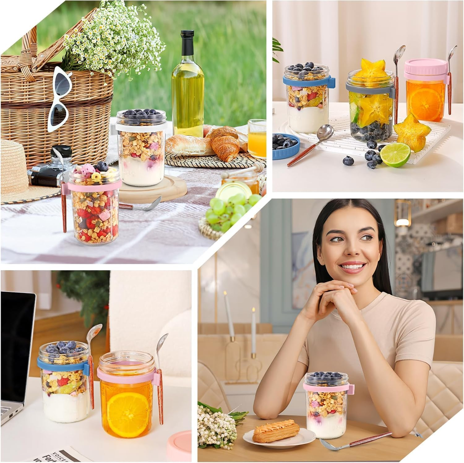 6 Pack Overnight Oats Containers with Lids and Spoons, 16 Oz Mason Jars with Removable Separate Compartments, Airtight and Leak-Proof Glass Jars for Chia Pudding, Yogurt, and Oatmeal image number 6