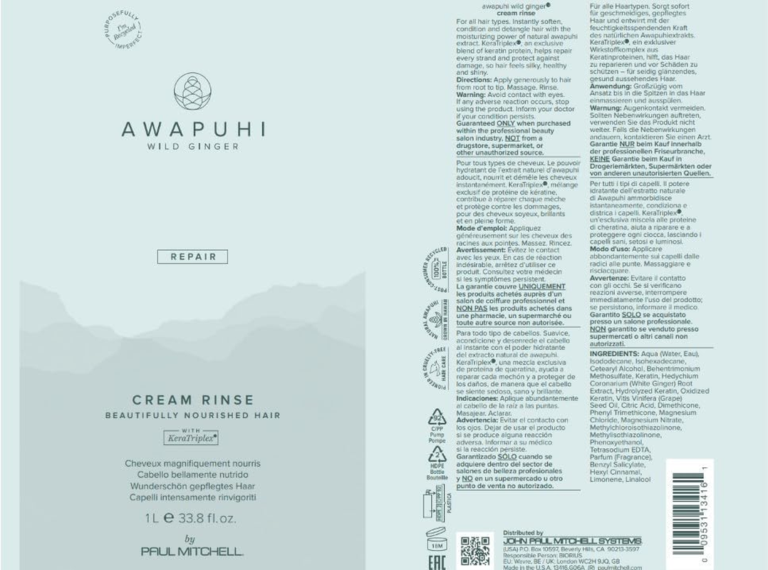 Awapuhi Wild Ginger Keratin Cream Rinse Conditioner, 1L image number 5
