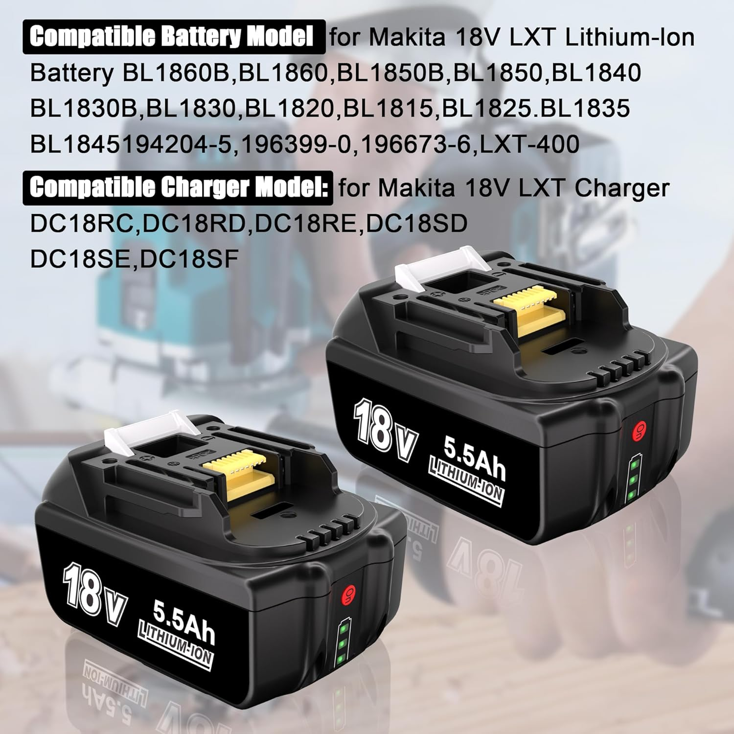 KUNLUN Lithium-Ion 5500Mah Replacement Battery Compatible for Makita 18V Cordless Power Tools with Indicator Light image number 2
