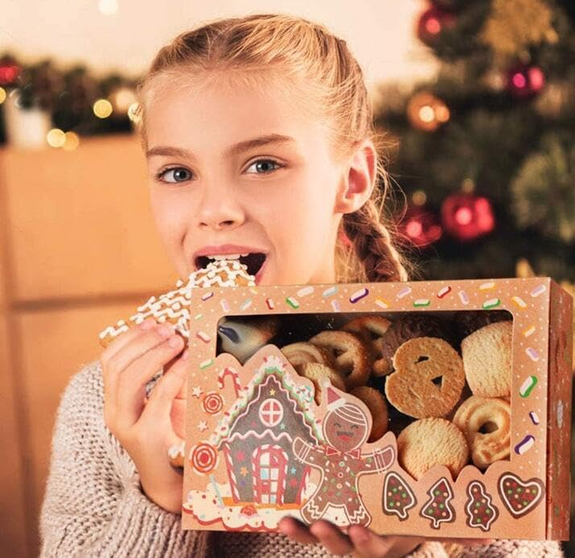 WOYAODONG 12 Pack Christmas Cookie Boxes with Window, Large Holiday Food Bakery Treat Boxes for Giving, Pastry, Candy, Party Favors, Christmas Kraft Boxes with Ribbons and DIY Tags image number 4