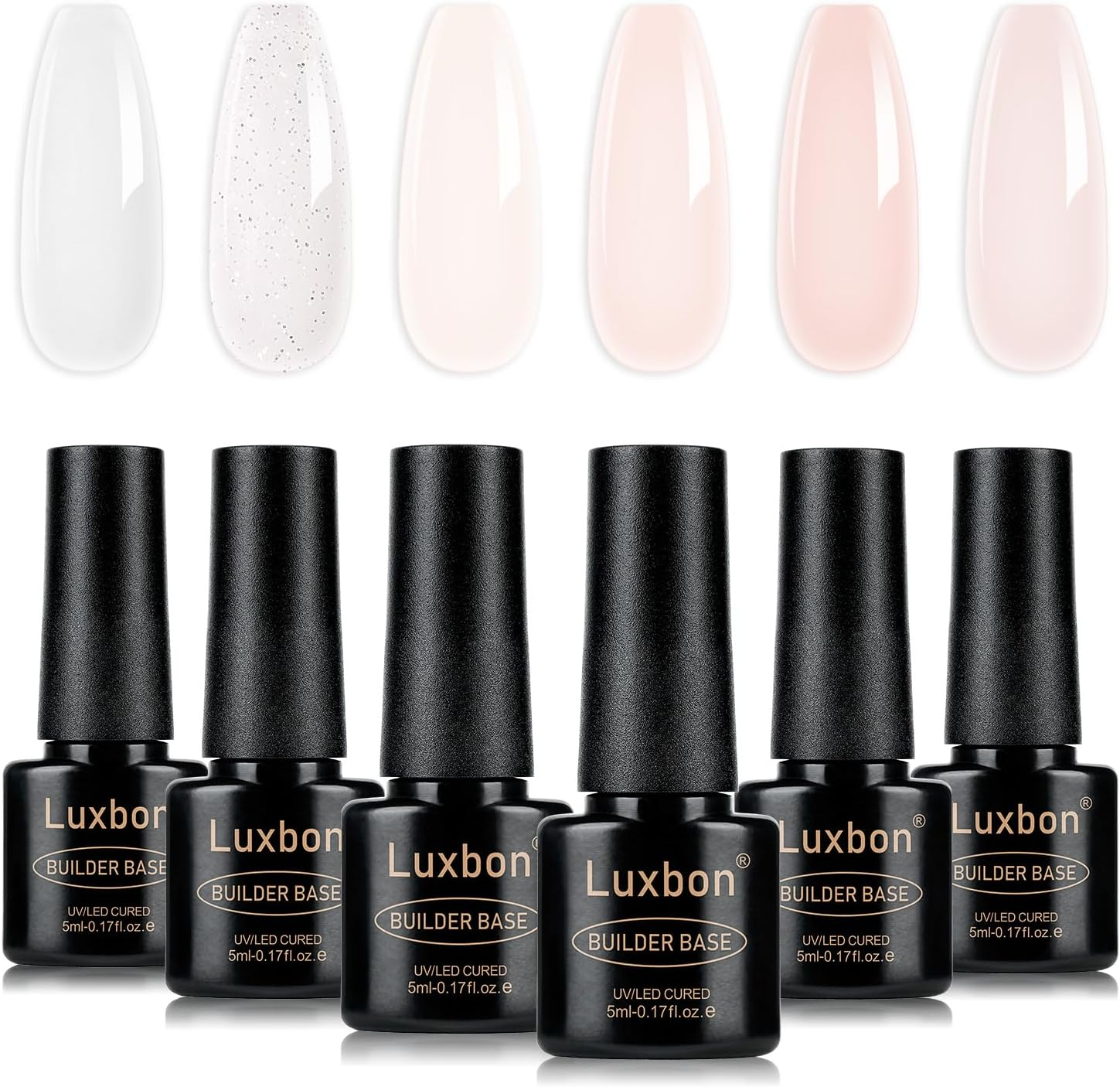Luxbon 7 in 1 Builder Base Colour Gel Nail Polish Set, 6 Colours Nail Extension Enhancement Nude Gel Polish Pink Peach Nail Polish for Nails UV LED Soak off Nail Art Design Gifts for Women Kit 002