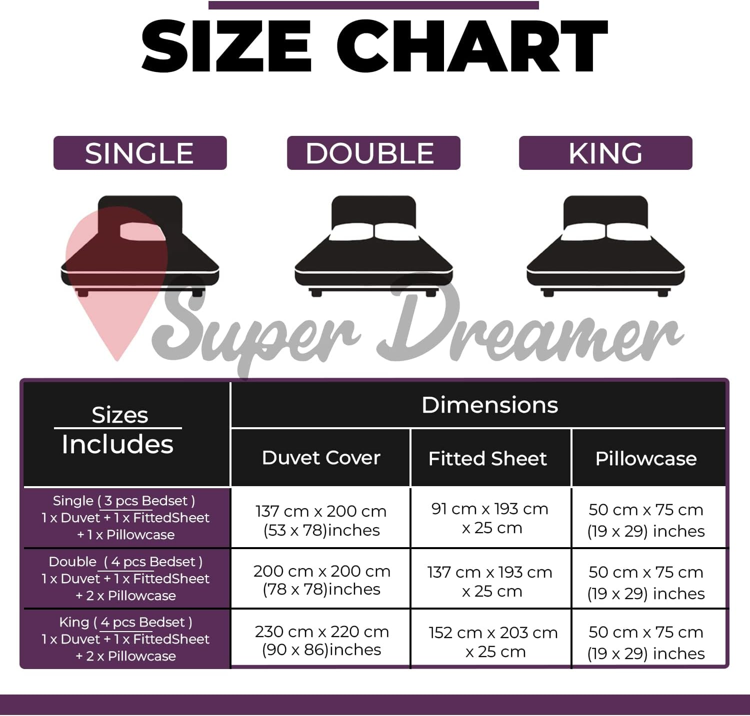 Botanical Fitted Sheet Single Duvet Cover with Pillowcase, 3Pcs Breathable Complete Bedding Set, Purple image number 1