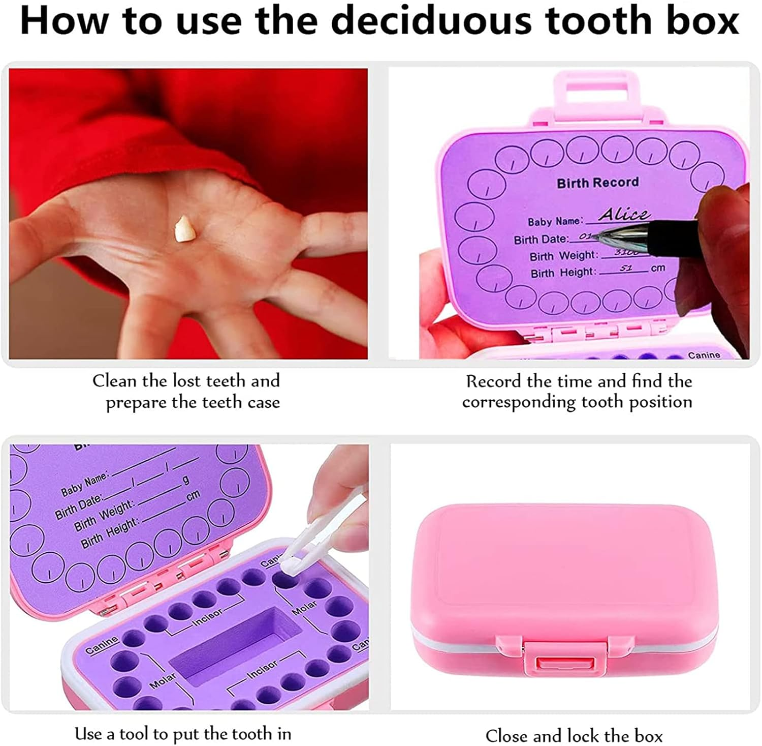 Baby Teeth Keepsake Box - Kids Teeth Holder with Fetal Hair Container and Tweezer (Pink) image number 3