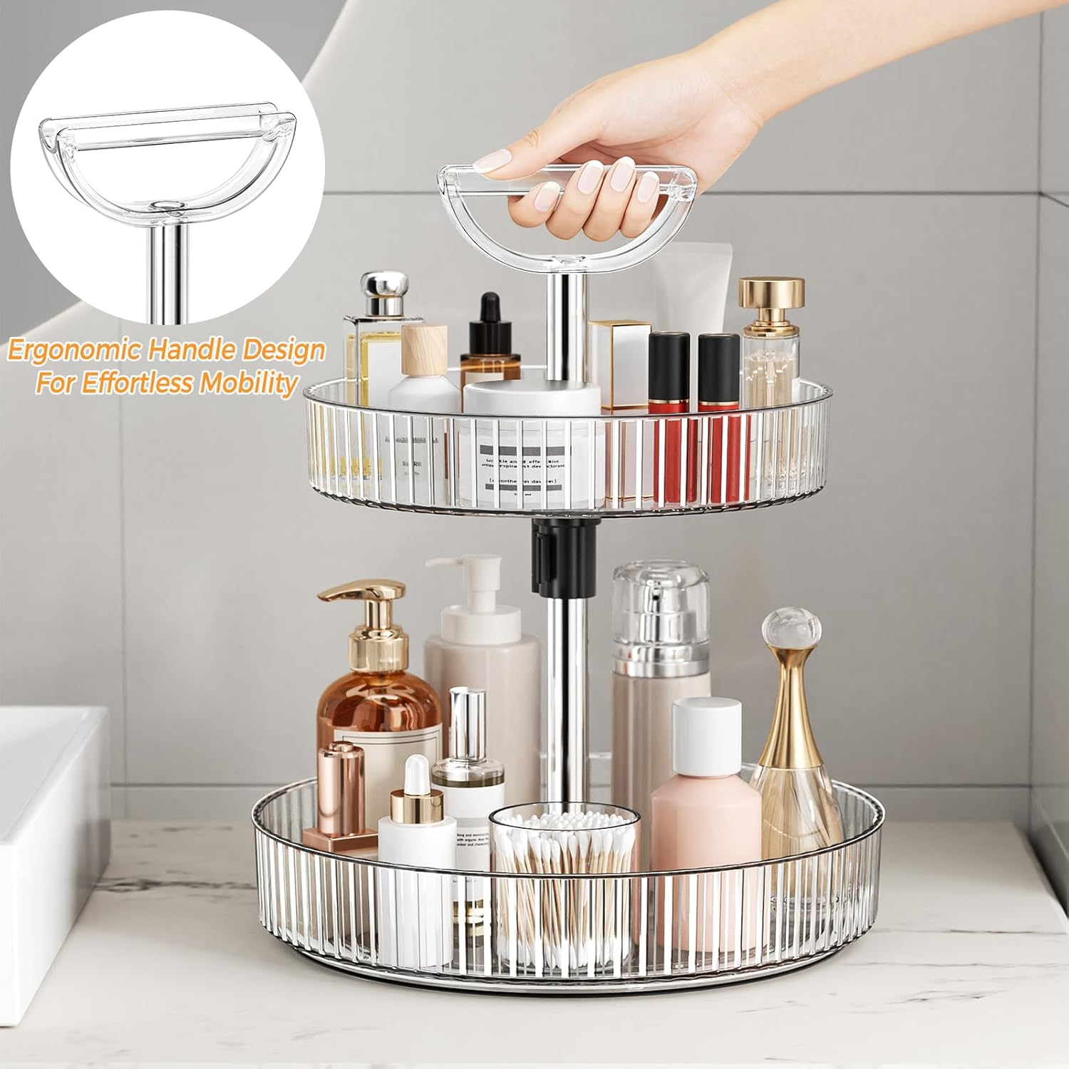 Lazy Susan Organizer, 360&deg; Rotat Turntable Capacity Adjustable Height Storage Rack, Non-Slip Storage Shelf for Kitchen, Cabinet, Countertop,Bathroom,Pantry Organiser (Transparent White) - Jet Black image number 6