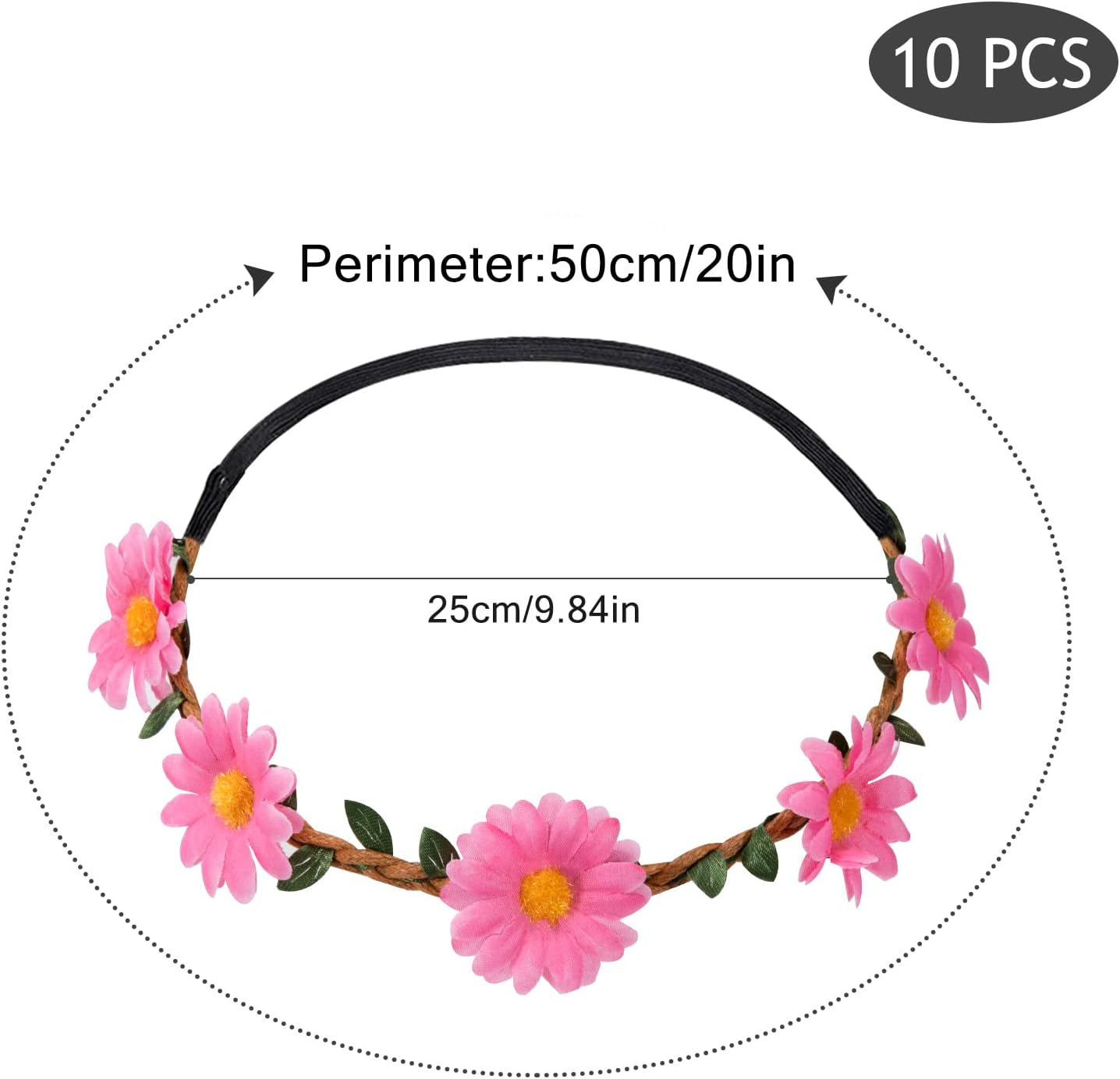 Flower Headband, Multicoloured, Women'S Girls' Flower Crown, Floral Garland Headbands with Elastic Band for Party, Holiday, Festival, Wedding, Pack of 10