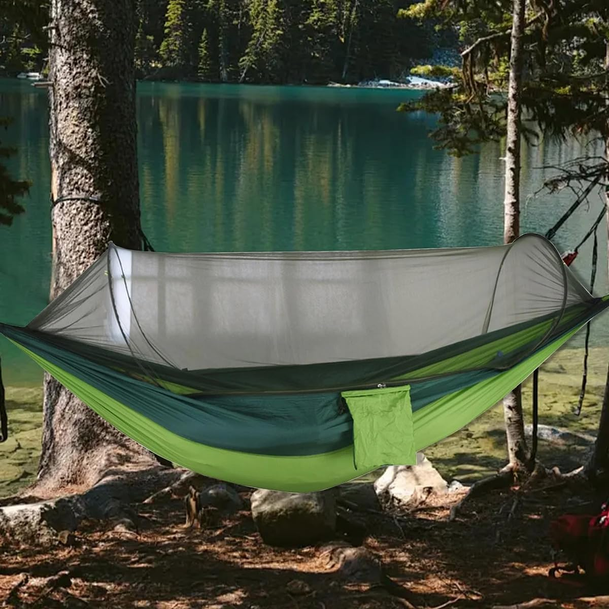 AIMALL Automatic Pop-Up Mosquito Net Hammock 47.2X98.4In 210T Parachute Nylon Outdoor Camping Hammock with High-Density Mesh Net 300KG Load for Travel Hiking - Army Green image number 4