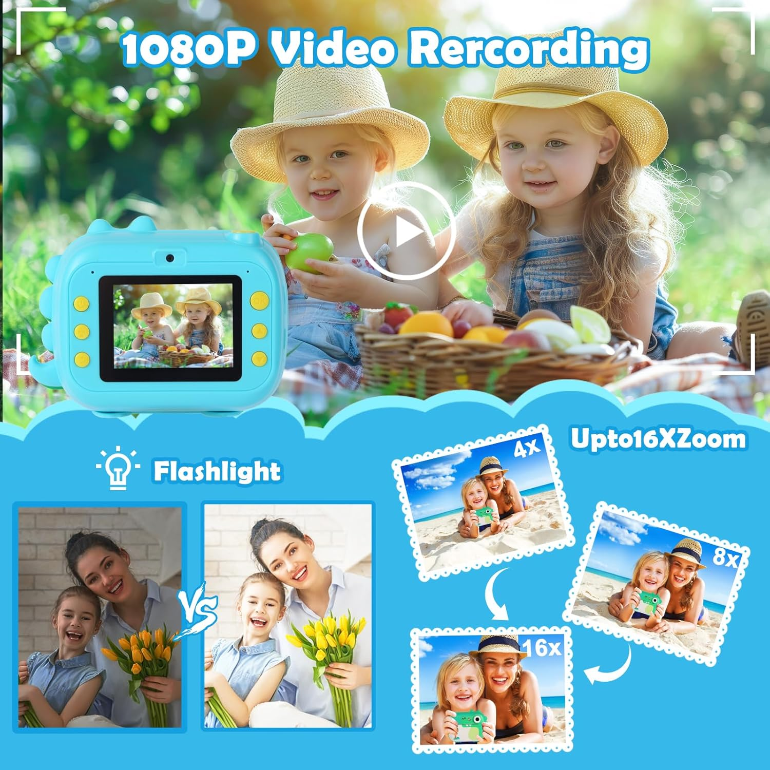 Kids Camera Instant Print,Children Digital Camera Toy with HD Video for Kids Aged 3-12,Christmas Birthday Festival Present for Girls Boys, 7 Rolls Instant Paper&32Gb Card,M3 - Blue image number 3