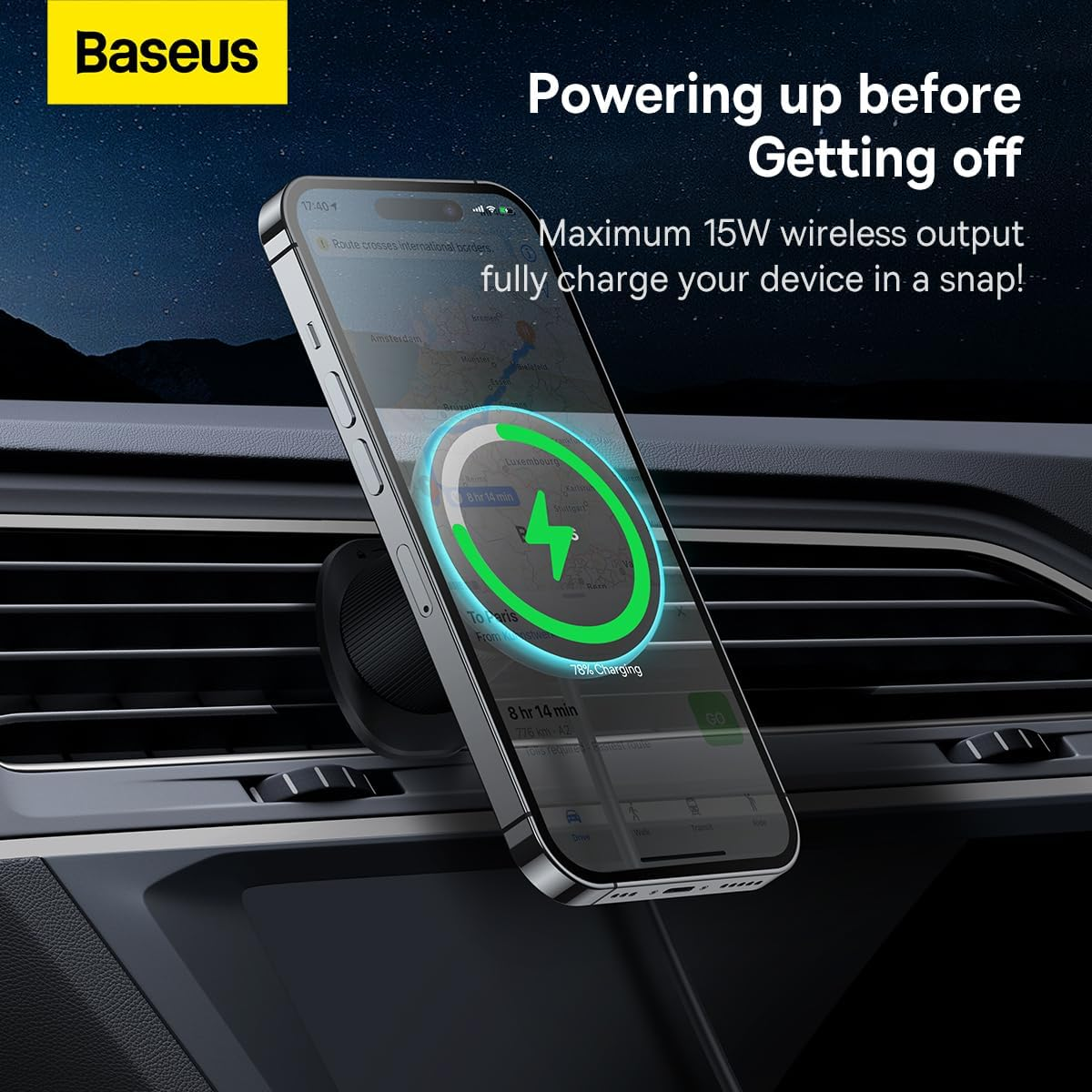 Baseus Car Mount Wireless Charging Air Vent Mount 15W - Black, Compatible with Fire Phone, Smartphones, Car, Truck - Single Hand Operation image number 3