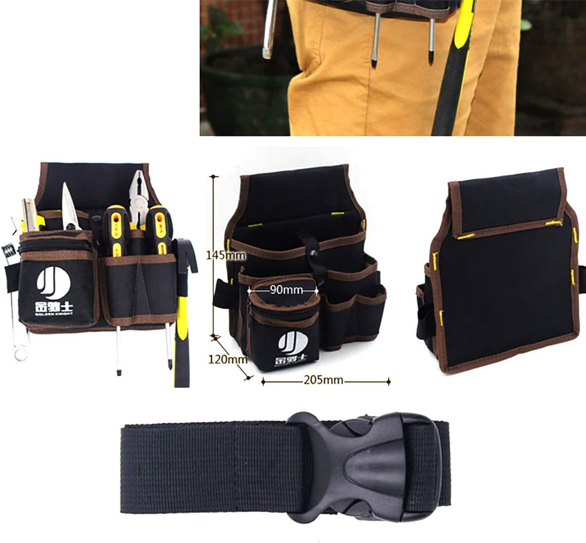 Electrician Waist Pack Tool Belt Pouch Builders Bag Belt Storage Tool Bag with 7 Pocket for Garden Electrician Carpenter Plumber Technician and Painter - Green  Yellow image number 4