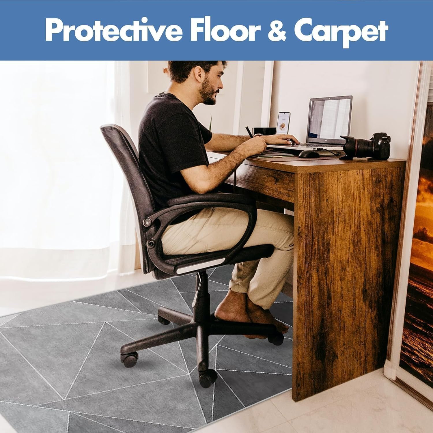 Office Chair Mat for Hardwood Floor, 100 * 120 Cm Office Rug Easy to Move, Floor Mat for Chair Rolling Chair Mat Office Home Anti-Slip Desk Chair Mat, Office Chair Mat for Hard Floor Black Grey image number 2