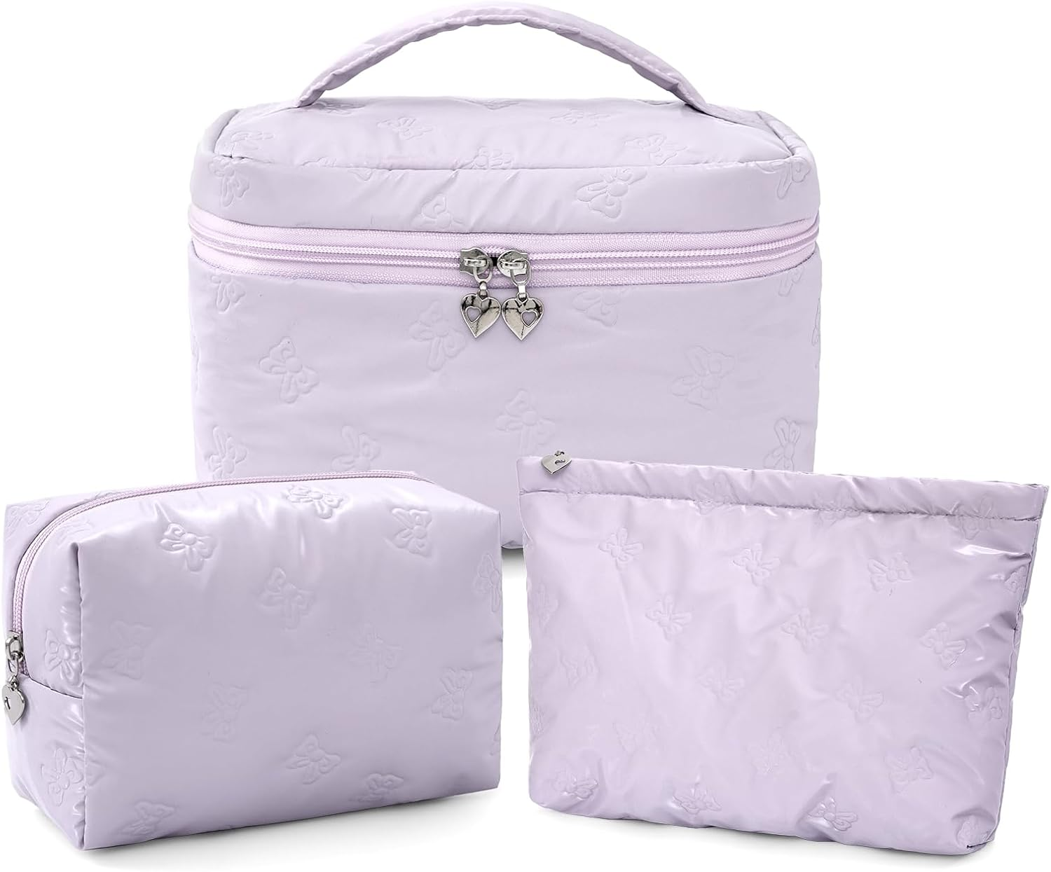 Makeup Bag，3 PCS Cosmetic Bags Set，Large Capacity Quilted Makeup Bag for Women with Bow Butterfly Pattern，Cute Cotton Makeup Bag Set，Waterproof Travel Toiletry Organizer Bag (Black)