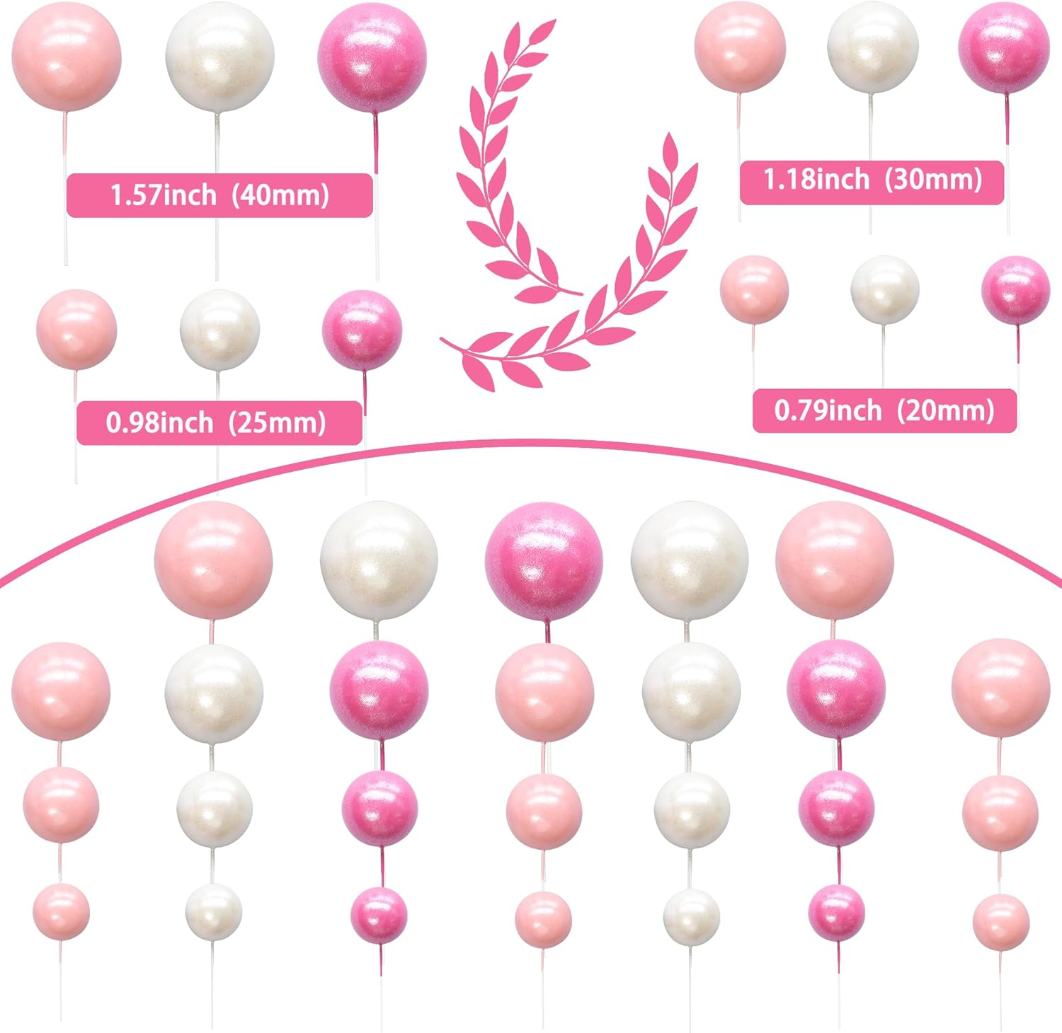 Ephlyn 30Pcs Balls Cake Topper Foam Ball Cake Picks Mini Balloon Cupcake Insert Bubble Balls DIY Decoration for Baby Shower Kids Birthday Party Decorations Pearl White Pink Rose Red image number 4