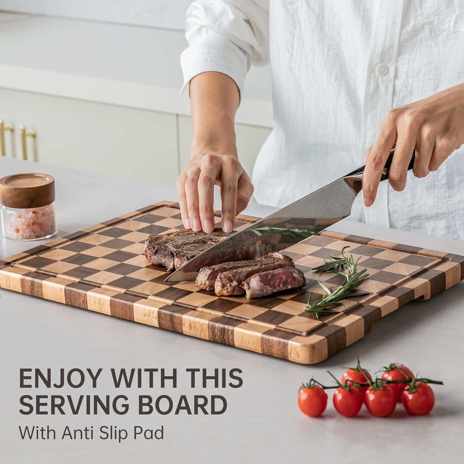 THETCHRY Cutting Boards for Kitchen, Design in USA Large Acacia Wood Chopping Board, Checkered Cutting Board with Juice Grooves & Handles, Butcher Block Serving Tray with Gift Box 16.5" X 11.6" X 0.8" image number 2