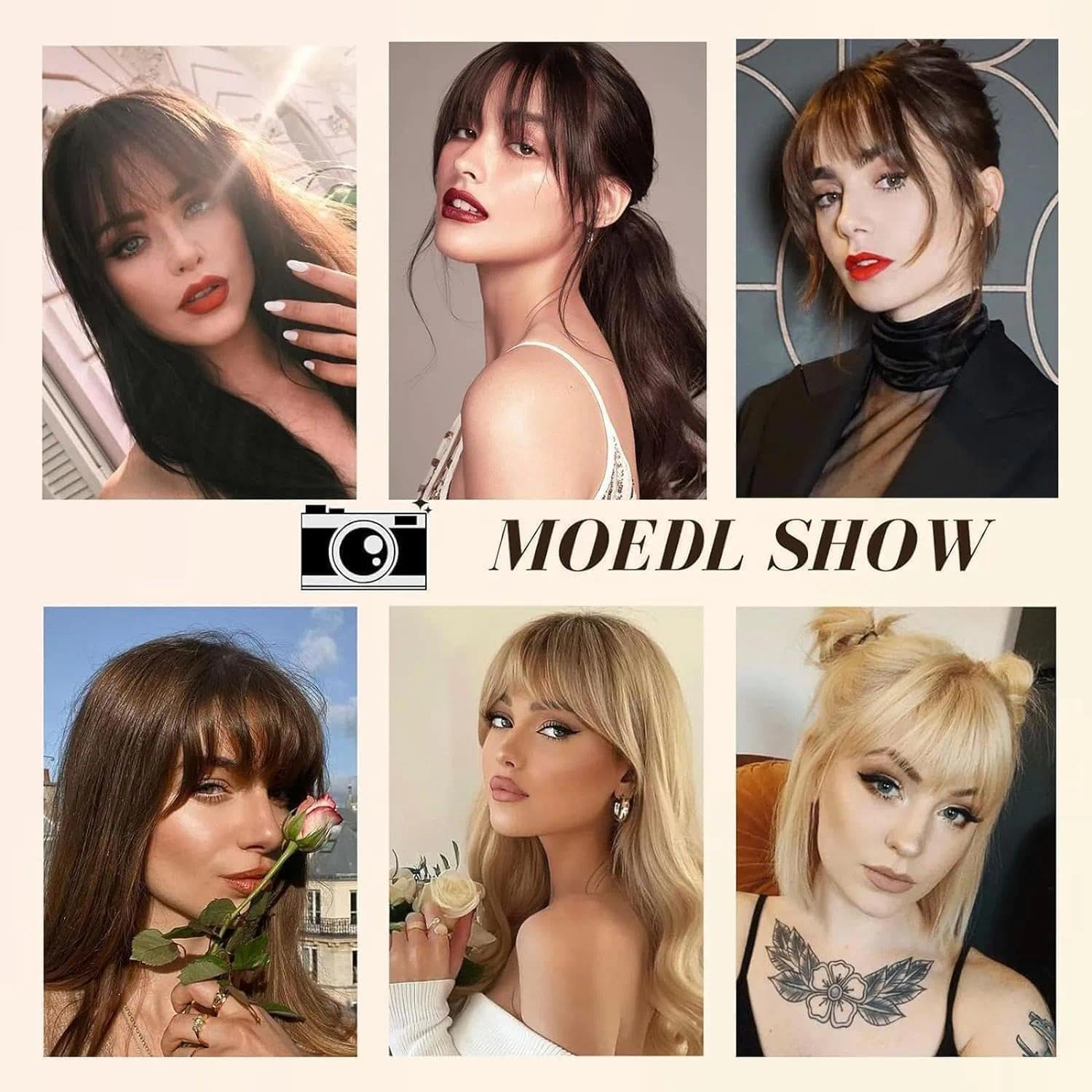 Natural Black Human Hair Extensions Clip in Wigs for Women with Bangs - Soft, Comfortable, Dyeable, Wispy French Bangs, Invisible Clip, Breathable Mesh, Secure Hairpieces by Ruibex image number 3