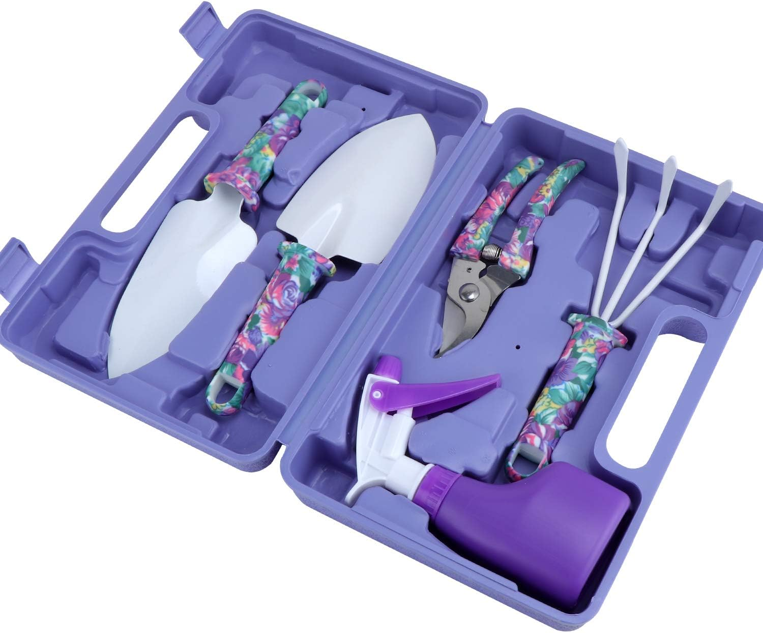 Coolty 5 Pieces Garden Tools Set, Ergonomic Handle Gardening Work Set with Purple Floral Print, Gardening and Planting Kit with Storage Case for Gardening Lovers