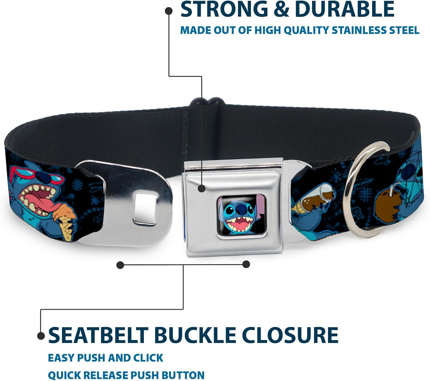 Buckle-Down Seatbelt Buckle Dog Collar - Stitch Snacking Poses Black/Blue - 1" Wide - Fits 15-26" Neck - Large image number 3
