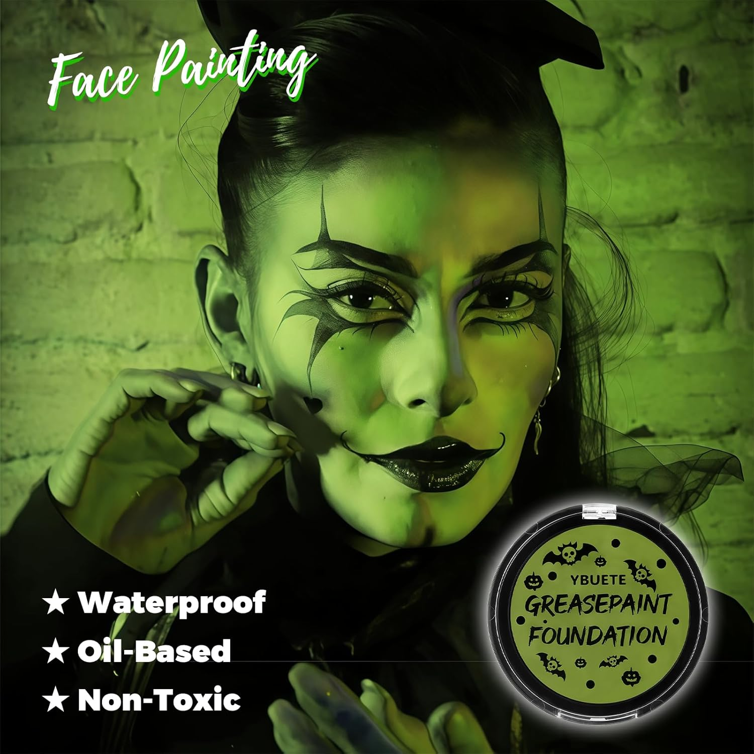 YBUETE Ogre Green Foundation Oil Based Face Paint, Professional Green Greasepaint for St. Patrick'S Day, Halloween Face Painting for Witch Shrek Hulk Goblin Monster for Adult Carnival & Costume Party - Blue image number 4
