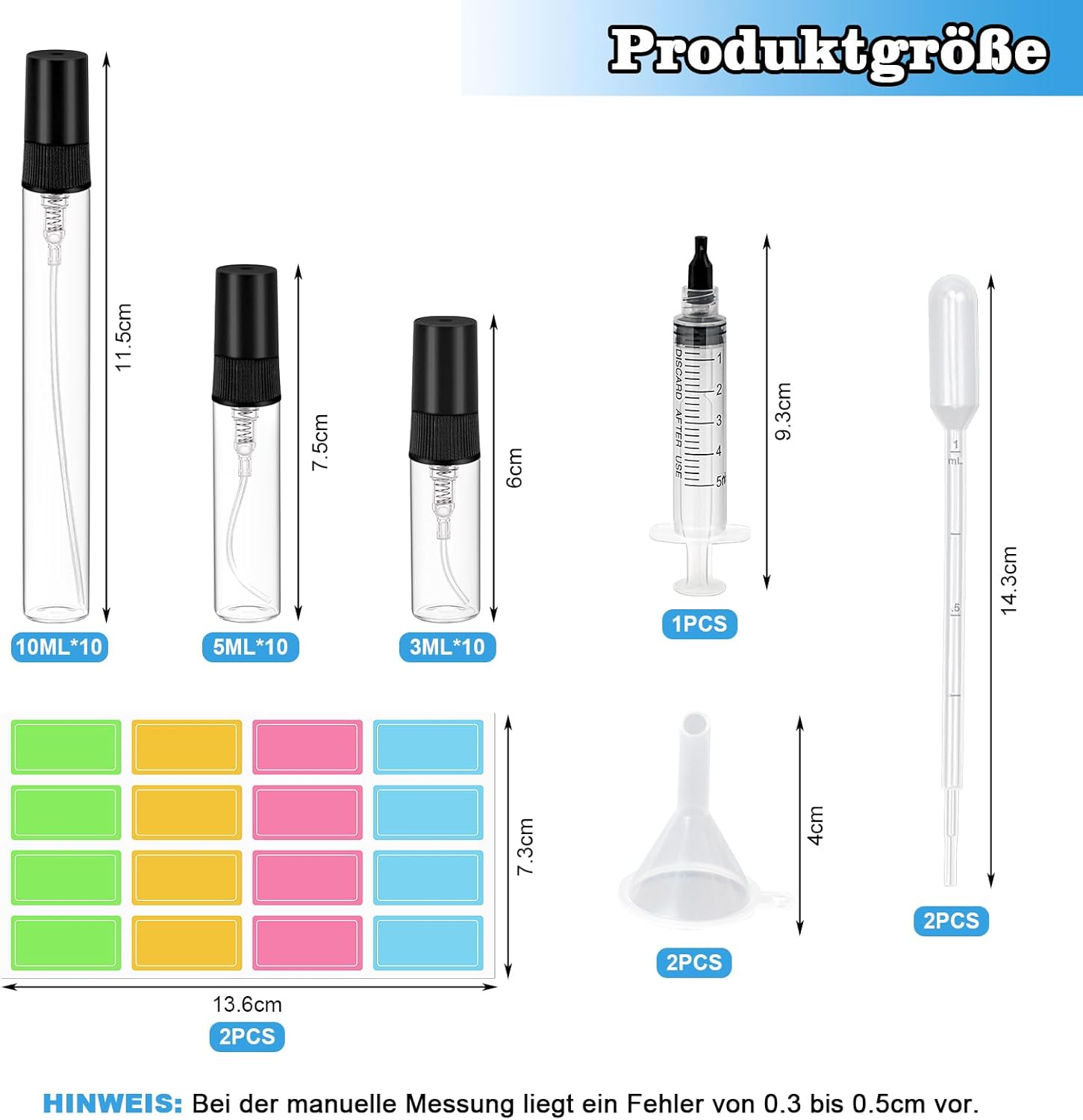 Pack of 30 Mini Perfume Atomisers, Portable Refillable Mini Glass Spray Bottle, Small Spray Bottle for Family, with Funnel, Pipettes and Label Stickers (Black, 3 Ml + 5 Ml + 10 Ml) image number 1