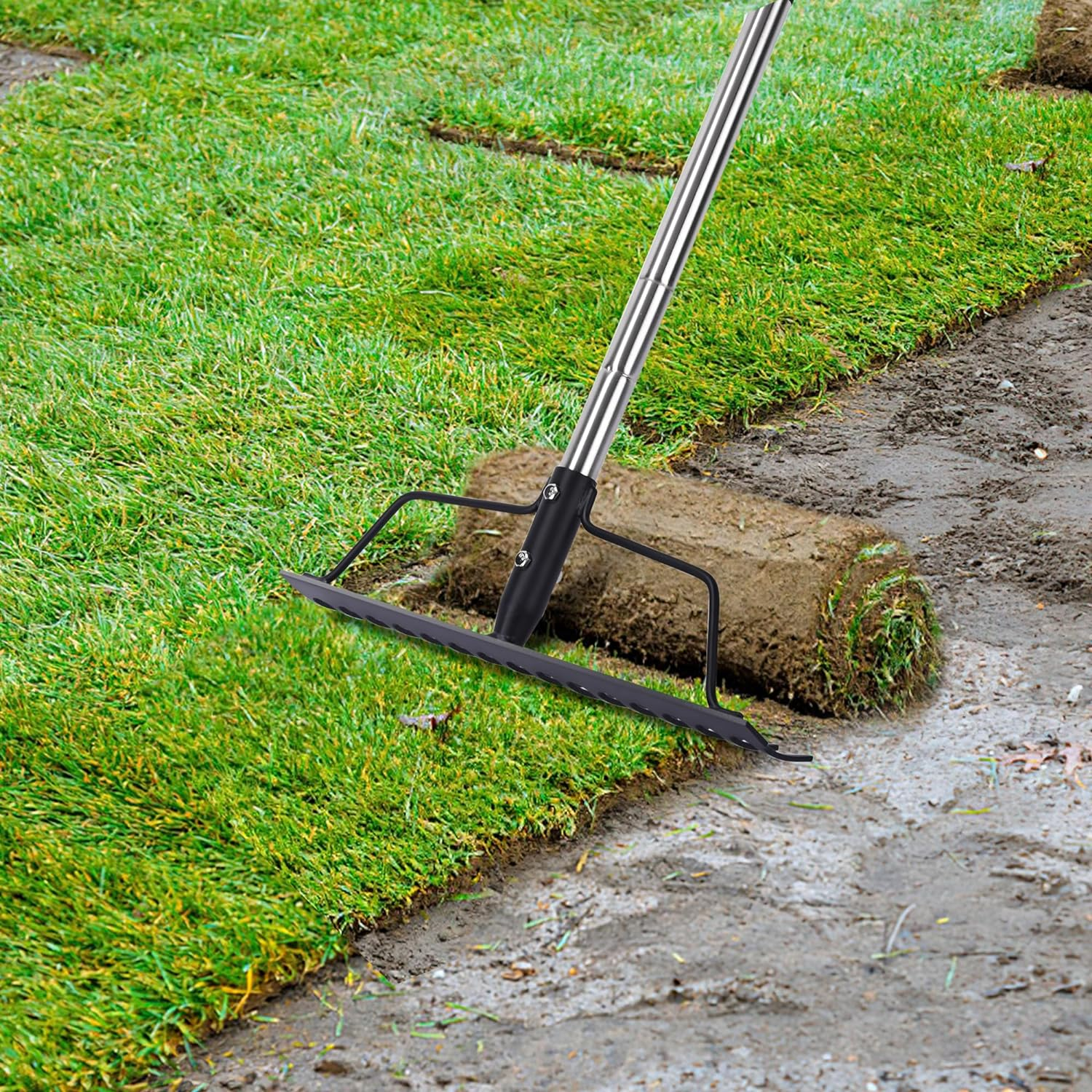 15 Inch Wide Heavy Duty Bow Rake, 16 Steel Tines Metal Head Rake Tool with Stainless Steel Handle, Adjustable Long Handle Garden Rake for Loosening Soil Leveling Mulch Gathering Lawns Leaves image number 4