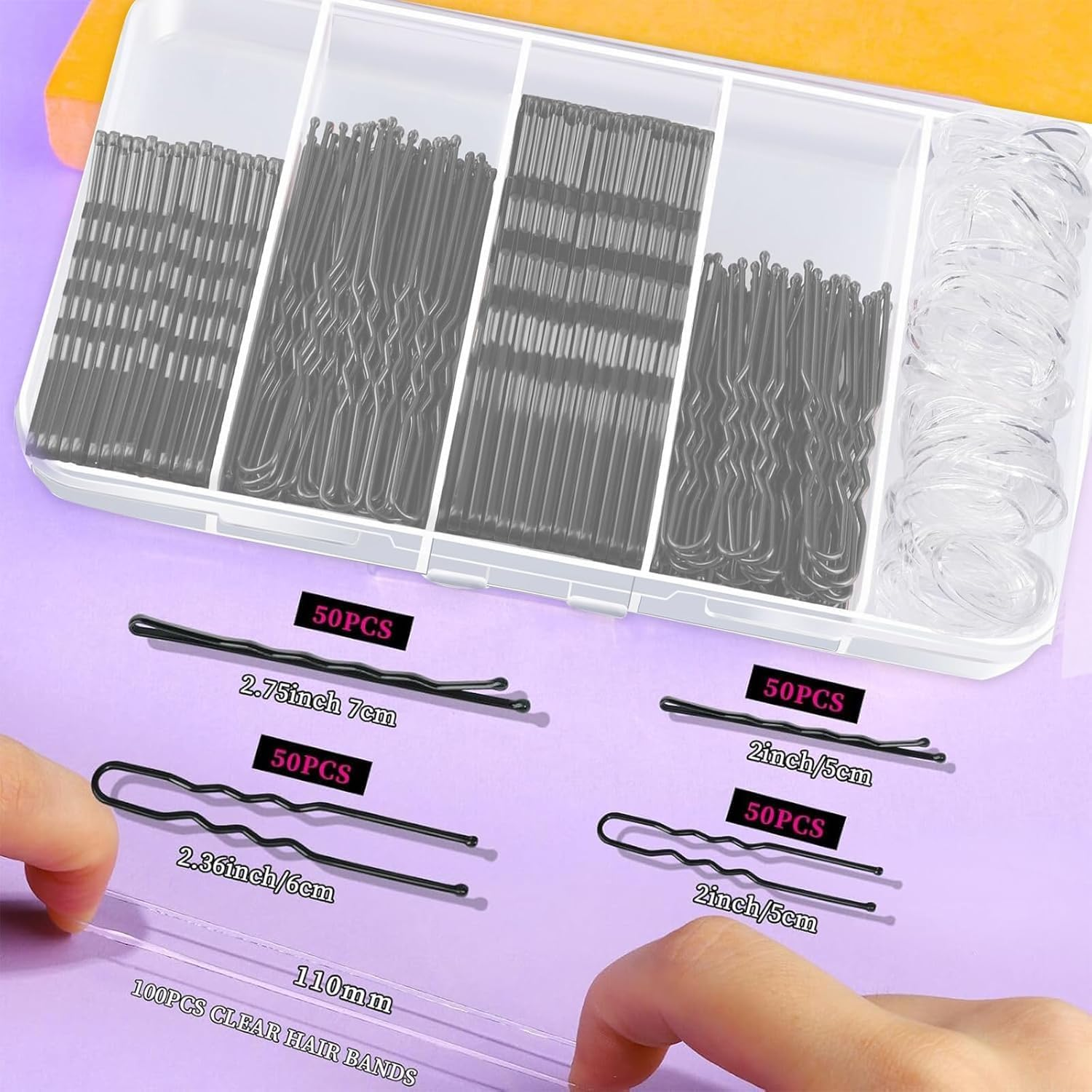 300 PCS Hair Pins Set, 100 Black Bobby Pins, 100 U-Shaped Hair Pins & 100 Clear Rubber Bands, Hairpins for Buns, French Pins, Hair Accessories for Women and Girls, Storage Case Included image number 3