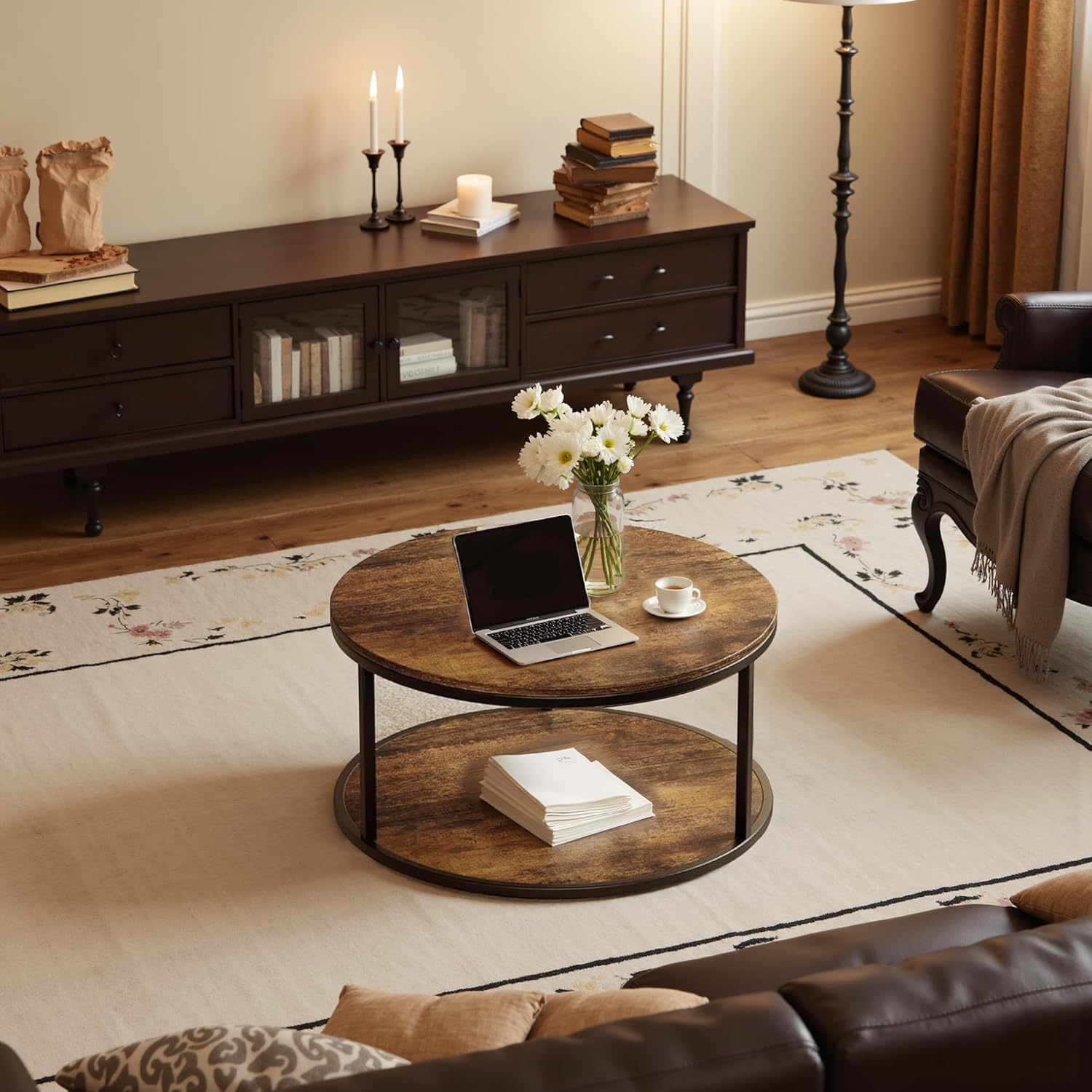 36Cm round Coffee Table with Storage, 2-Tier Small Space Living Room Furniture, Compact Centre Table, Brown image number 5