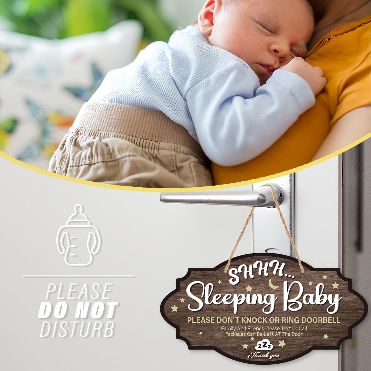 Baby Sleeping Sign for Front Door - Wooden Please Do Not Disturb Door Signs Do Not Knock or Ring Doorbell Baby Sleeping Sign for Nursery Home New Born Gifts image number 5