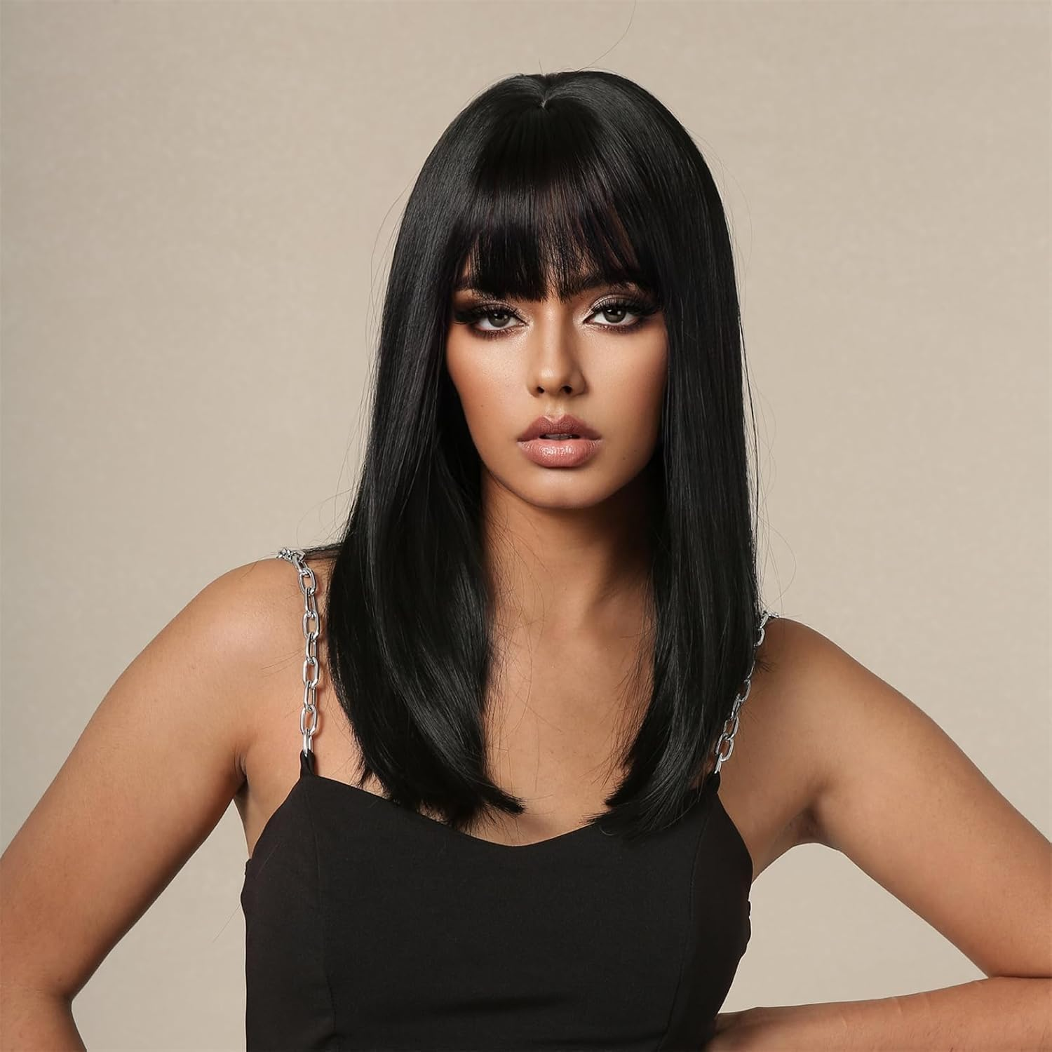 Straight Black Synthetic Wig with Bangs,Shoulder Length, Medium - Long Straight Hair with Air Bangs, Naturally Fluffy Full - Head Wig for Party Daily Use（Black，18.5In） image number 2