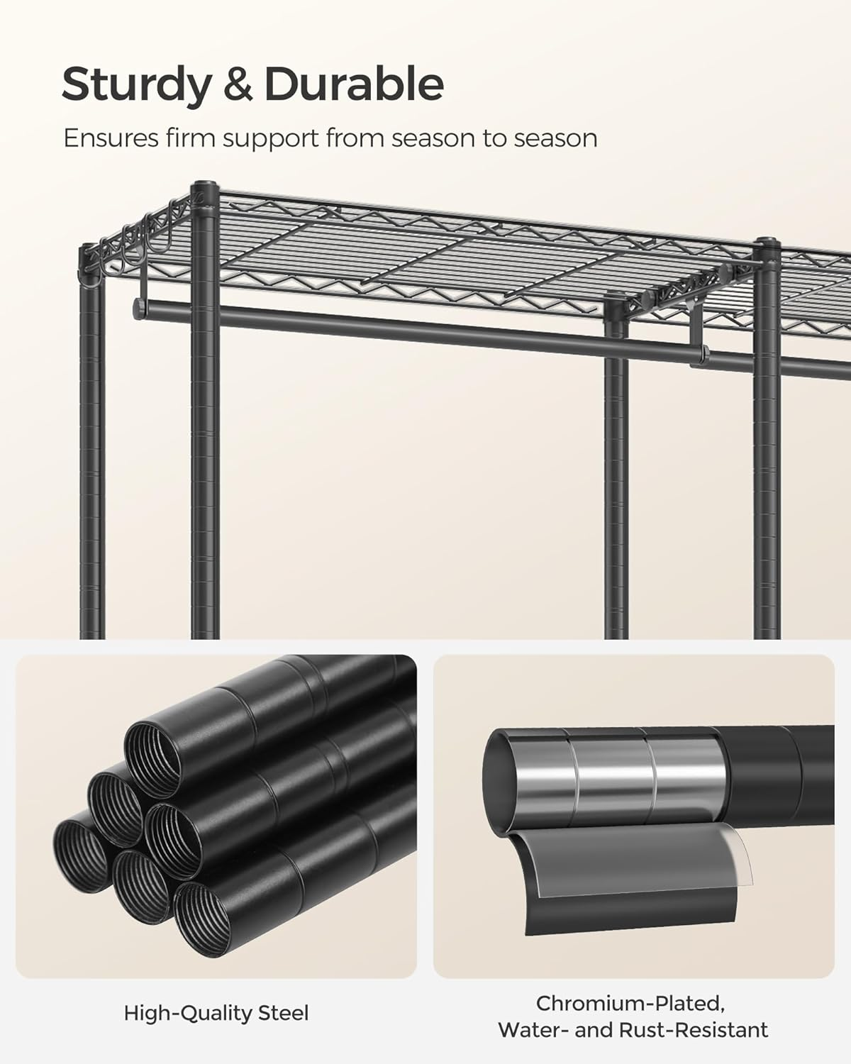 SONGMICS Clothes Rack, Freestanding Wardrobe Closet, Metal Clothing Racks, Heavy-Duty Garment Rack with Adjustable Wire Shelves, Hanging Rods, Hooks, Dividable, Ink Black ULGR423B01 image number 2