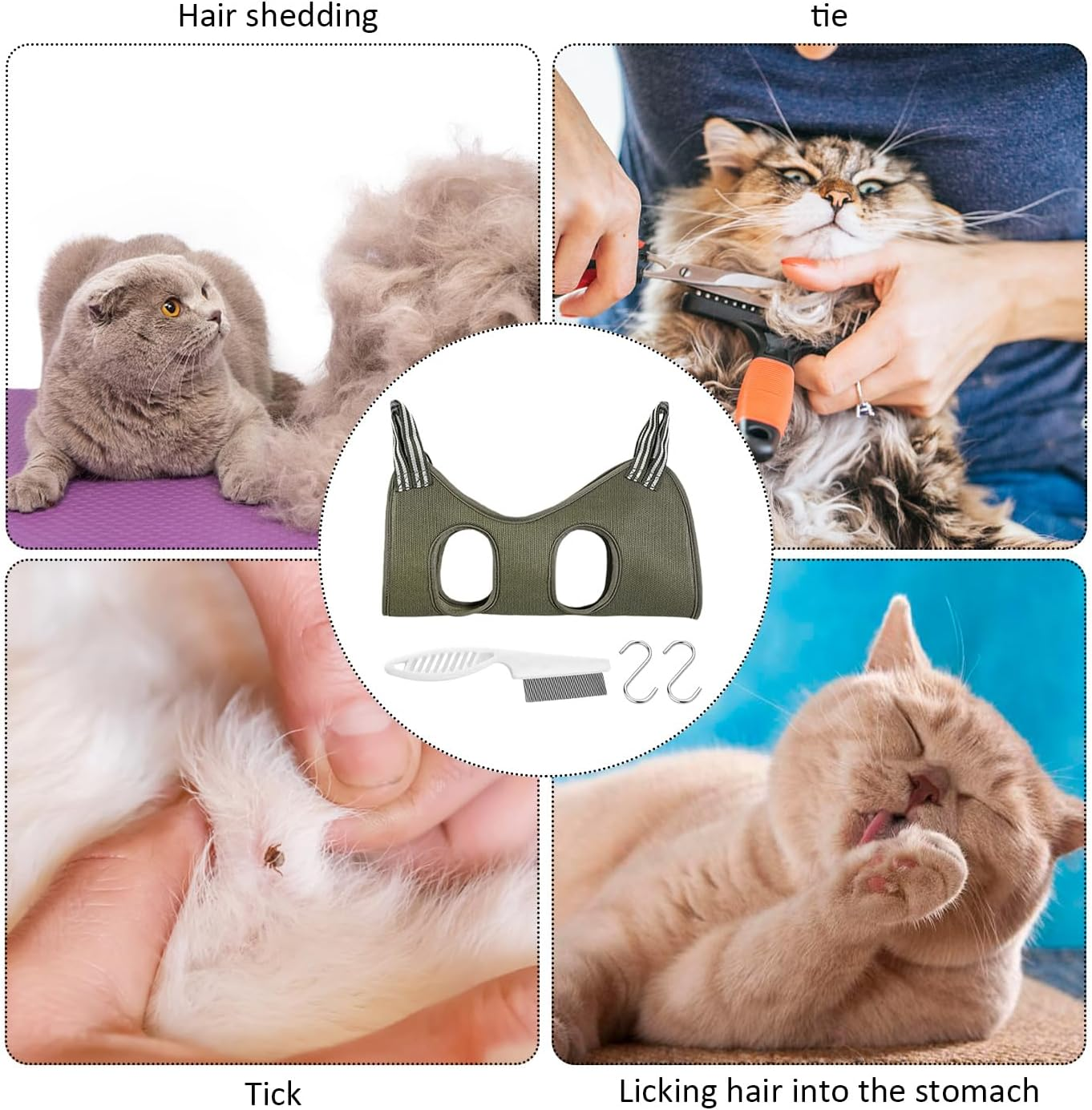 ZBHDEYG 1 Pet Grooming Bag, 1 Pet Flea Comb, Pet Nail Cutting Harness, Pet Grooming Hammock, Scratch and Bite Resistant Holder, Suitable for Cats and Dogs
