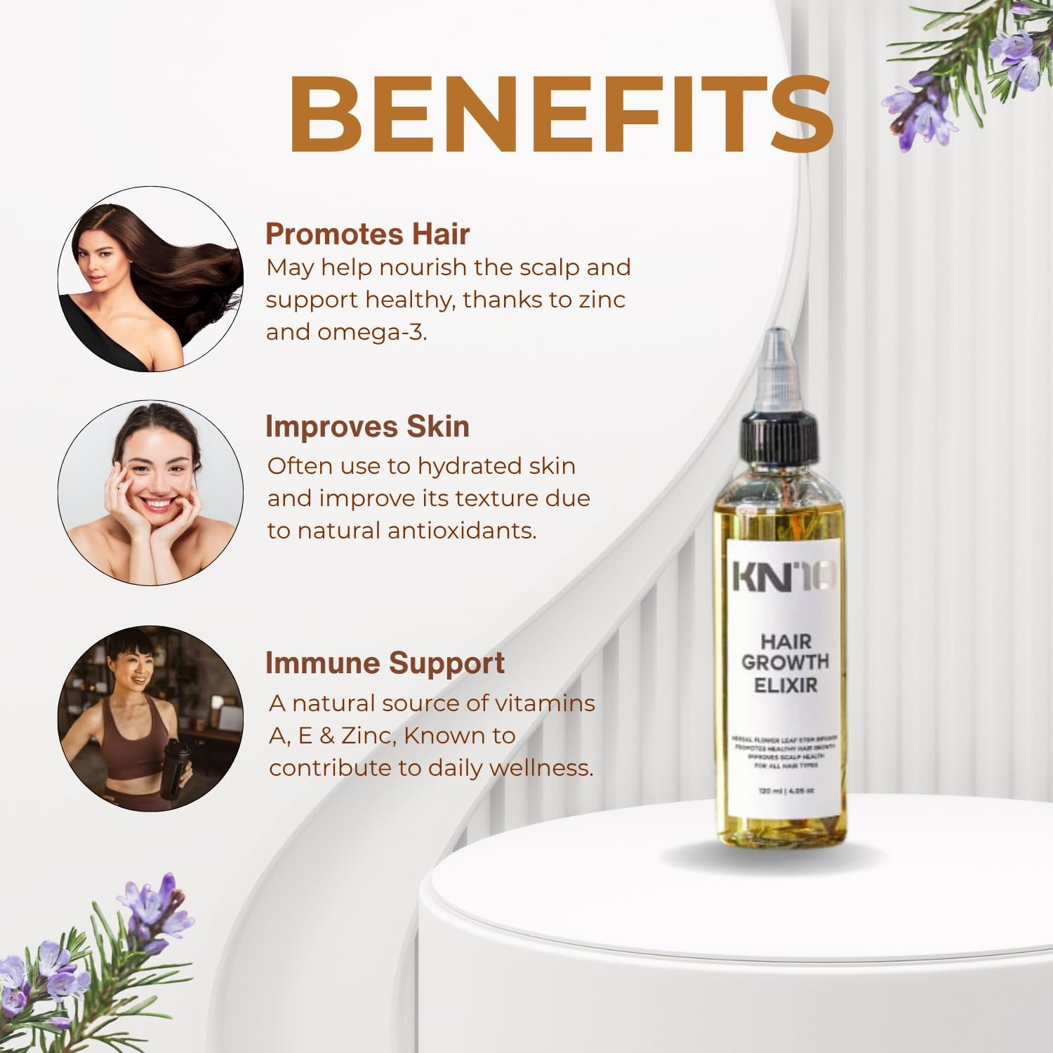 KN&rsquo;10 Hair Growth Elixir 120 Ml / 4.05 Fl. Oz - Hair Oil & Serum with Rosemary Oil for Hair Growth - Lightweight Formula Enriched with Lavender Essential Oil and Vitamin E for Fuller Strands image number 4