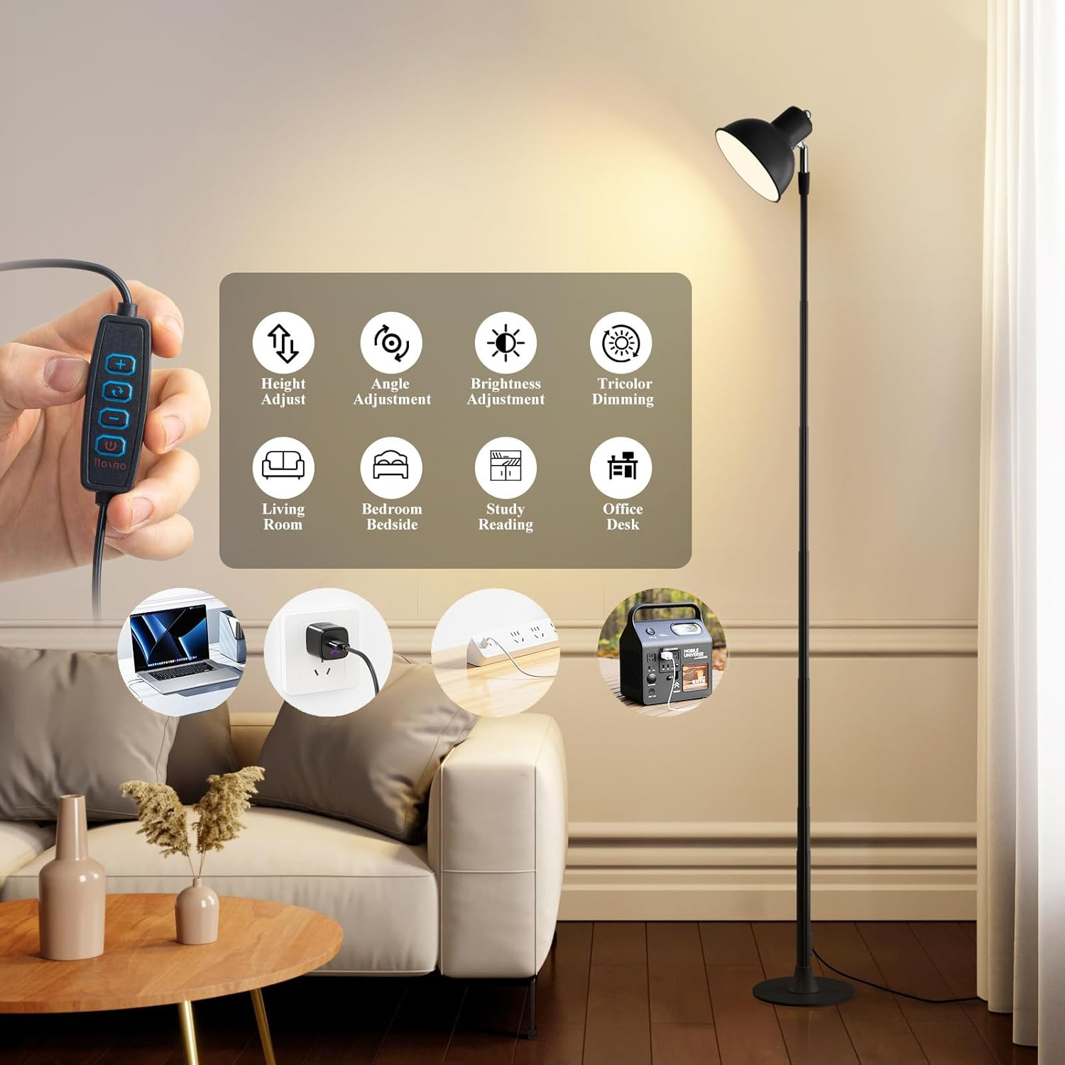 Cordless LED Metal Table Lamp, 2-In-1 Led Floor Lamp & Desk Lamp, Standing Lamp with Adjustable Reading Lights, USB Rechargeable Tall Lamps Bedside Lamp with 3 Color Modes & Stepless Dimmable image number 1