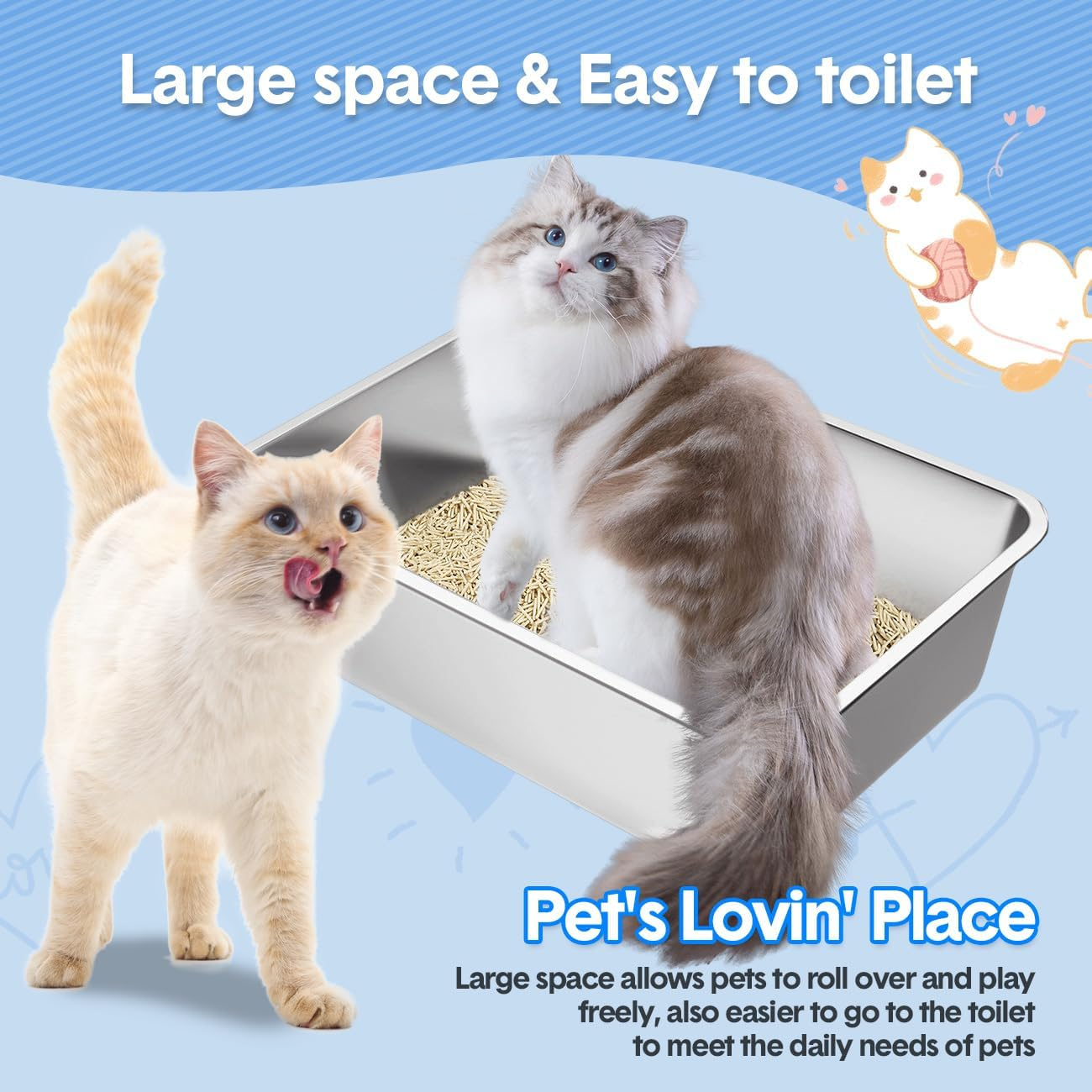 Stainless Steel Litter Box with Handle, Large Metal Cat Litter Box with High Sided for Big and Small Cats, Kitty Litter Boxes Toilet, Non-Stick, Easy to Clean 60X40X15Cm image number 3