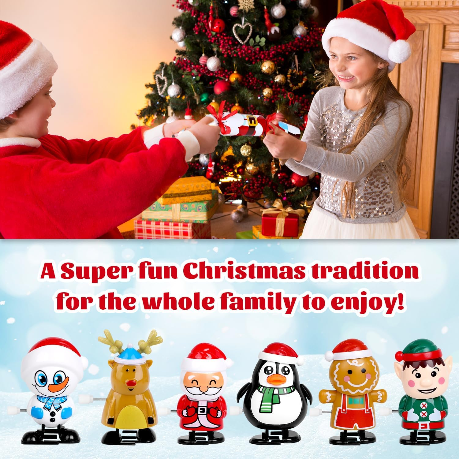 VEYLIN Christmas Crackers, 6 Pack Christmas No-Snap Crackers Crackers for Kids Party Table Favor with Wind up Toys, Party Hat & Joke Christmas Seasonal Holiday Dinner Traditions