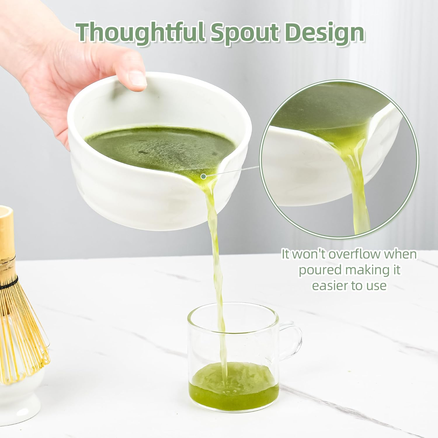 Matcha Whisk Set, Japanese Tea Set Includes Matcha Bowl with Spout, Matcha Whisk Stand, Bamboo Matcha Whisk and Bamboo Spoon, Matcha Powder Sieve, 17 Ounces White Ceramic Matcha Set (White) image number 4