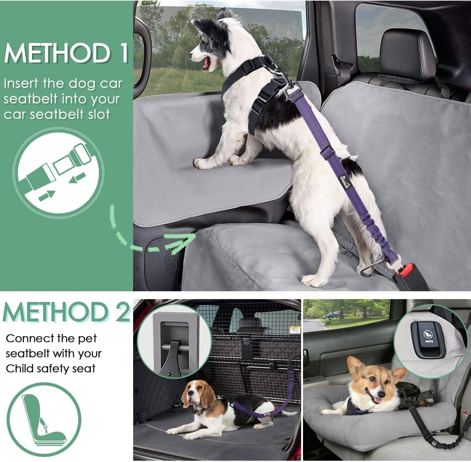 Slowton Dog Seat Belts for Car, 2 Packs Safety Dog Car Seat Belt Latch Bar Attachment Metal Buckle Dog Car Seatbelt Vehicle Trip Travel for Dogs Heavy Duty Elastic Tether for Daily Use in Car image number 5
