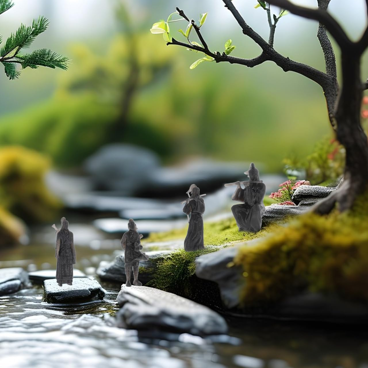 INOOMP 4Pcs Miniature Ancient Swordman Figurines, Chinese Zen Garden Statue Tiny Model Asian Samurai Figure for Fish Tank Bonsai Car Decor image number 2