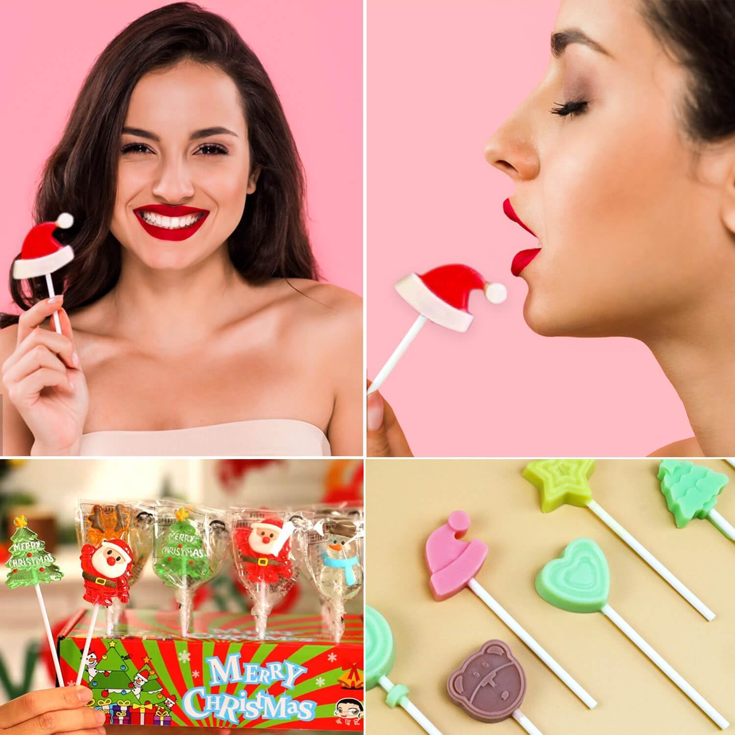 Jhylilia 304Pcs Christmas Lollipop Molds, Pink Silicone Candy Molds with Lollipop Sticks, Treat Bags & Twist Ties image number 3