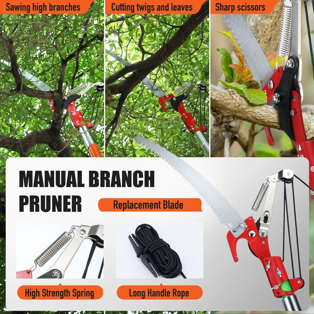 AUSWAY Manual Pole Saw Tree Pruner Extendable Branch Pruning Trimmer Trimming Cutter with 8 Fibreglass Rods Sharp Steel Blades Scissors image number 2