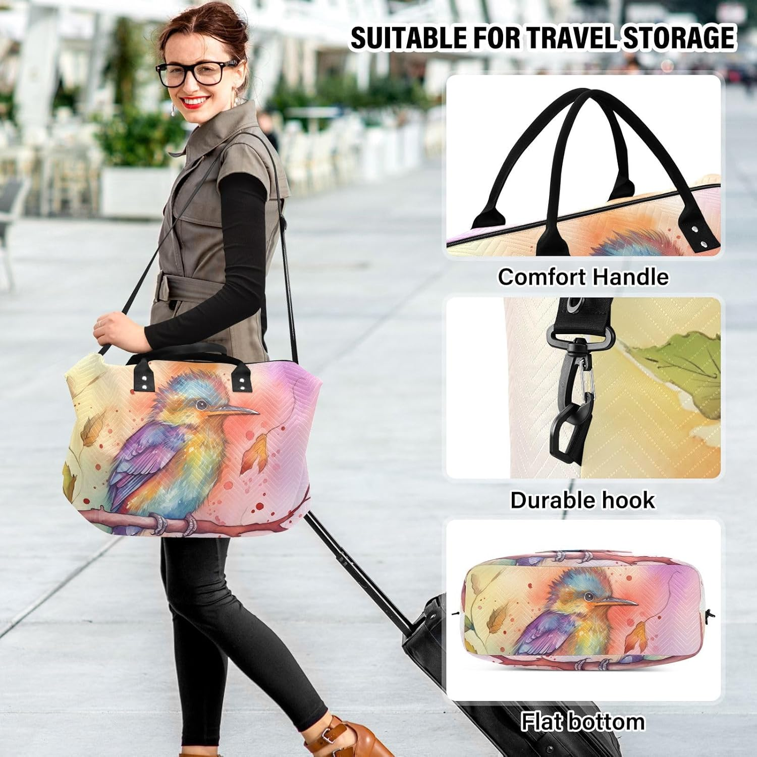 XYMZR Large Travel Duffel Bag, Branch Colorful Humming Sport Tote Gym Bag, Shoulder Weekender Overnight Bag for Women Men, Carry on Luggage with Toiletry Bag, Multi-Colored image number 2