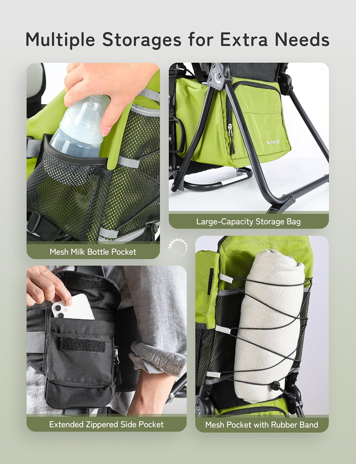 Besrey Baby Backpack Carrier, Toddler Hiking Backpack with Safety 3-Height Seat, Adjustable Straps&Waist Belt, Foldable Frame Lightweight Large Capacity Child Carrier for Hiking Green image number 6