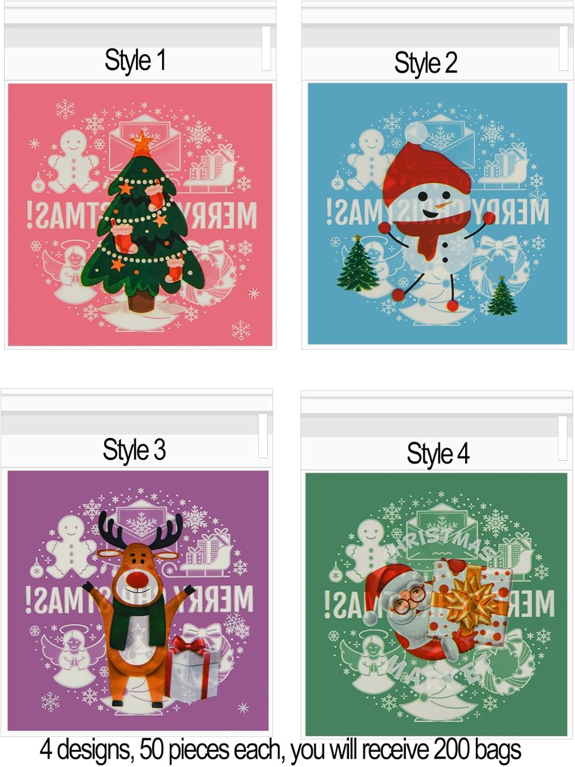 Christmas Cookie Bags,200 Pcs Self Sealing Cellophane Pouch,4X4 Inches Clear Resealable Individual Cookie Bags,Christmas Plastic Packaging Candy, Snacks and Gifts. image number 1
