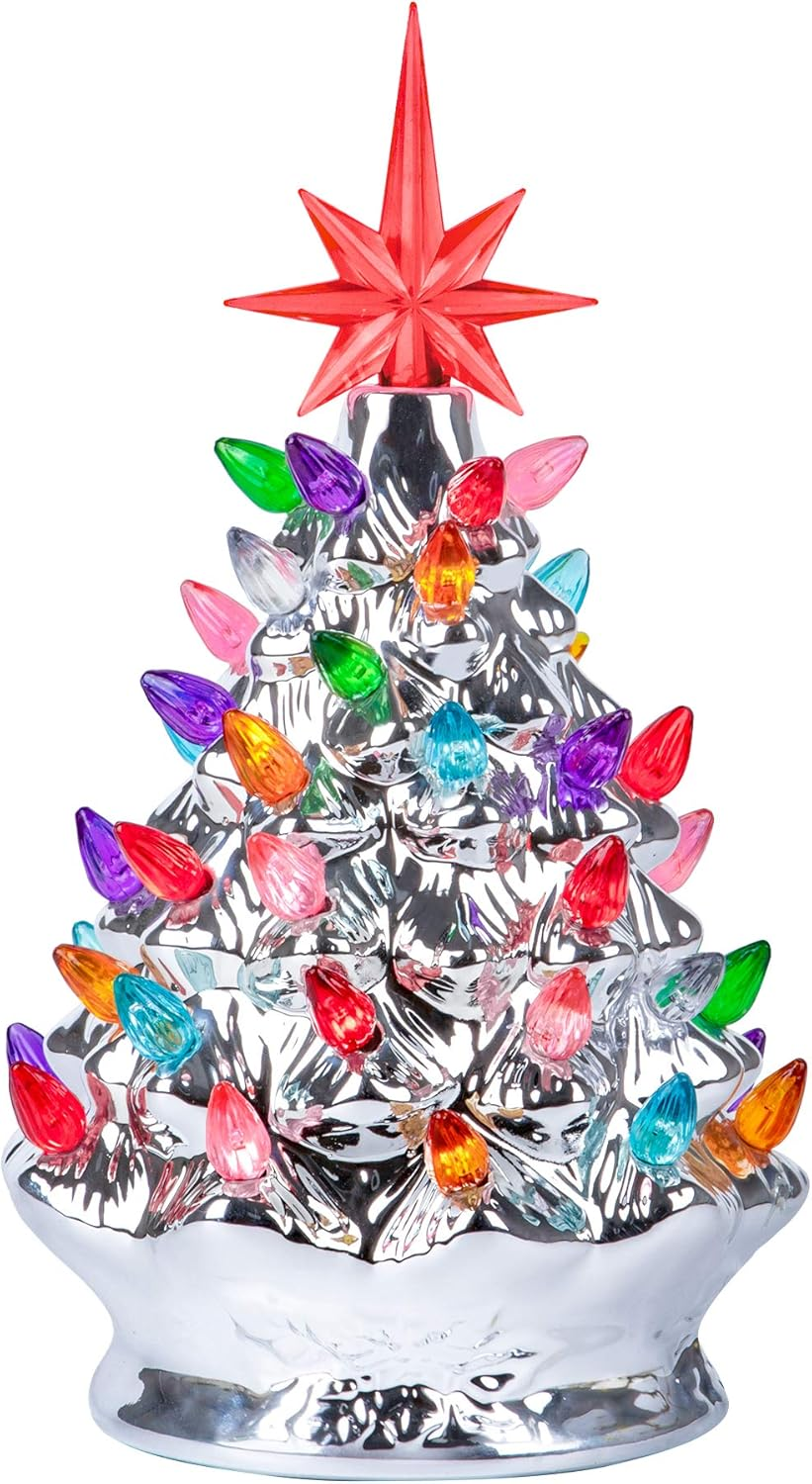 RJ Legend Ceramic Tree - Christmas Decorations, Orange Pumpkin Head-Home Decoration over 50 Multicolor Bulbs, LED Light up by Battery - Black, 15 Inch