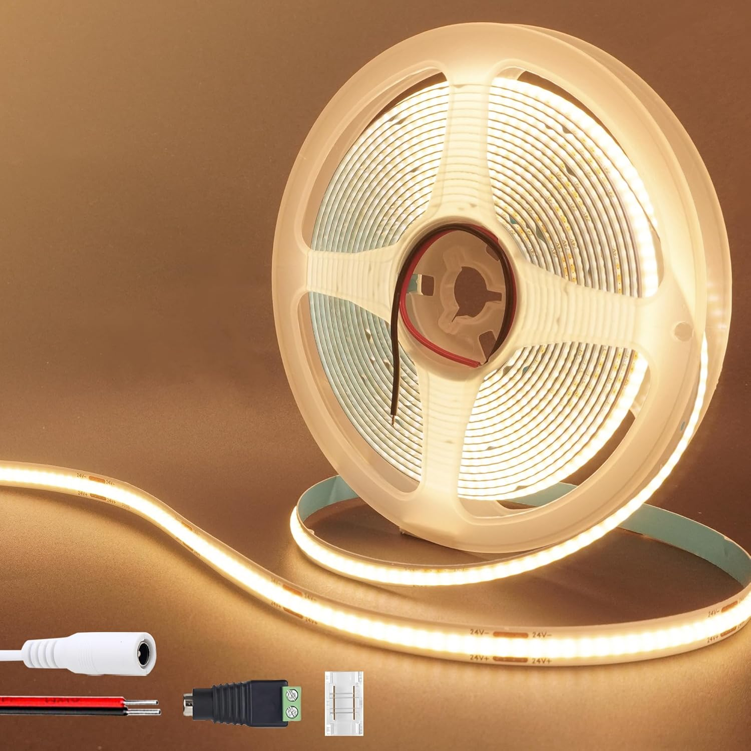 Clearhill 24V COB LED Strip Lights(No Power Supply),32.8Ft/10M,Cool White 6500K,320Leds/M,With 5521DC Female and Red+Black Wire Connectors,8Mm Width,Cri90,Electroplated Double-Sided Panel,10W/M,Ip20