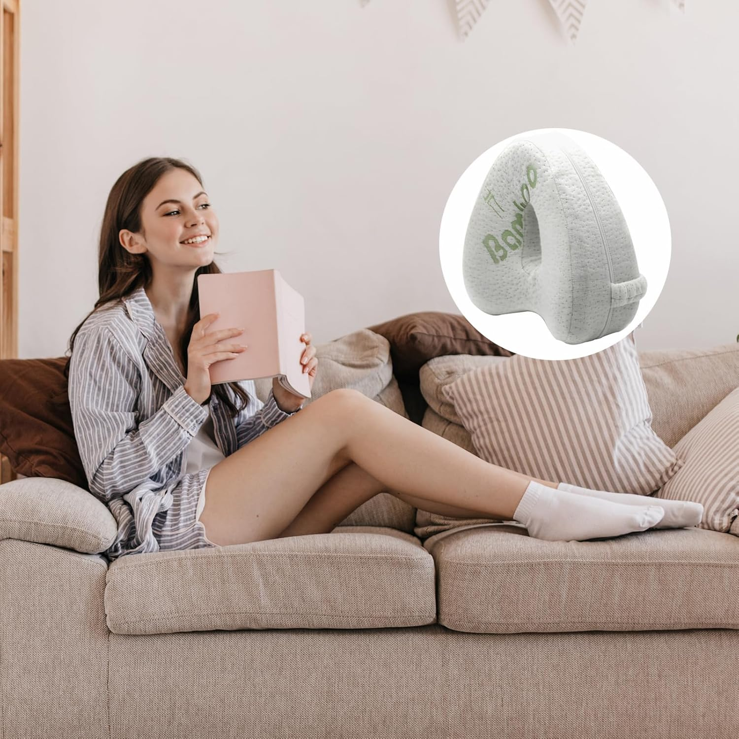 Memory Foam Knee Pillow with Elastic Band, Knee Pillow for Side Pillow, Suitable for Leg, Back, Knee Pain, Improve Sleep Quality, Side Sleeper Leg Pillow(Fibrous Bamboo) image number 2