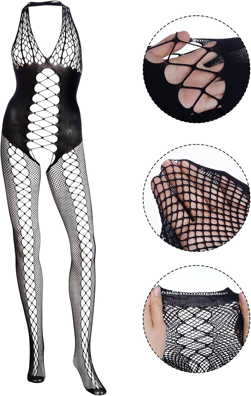 Fengek 3 Packs Women Fishnet Bodysuits, Stockings Lace Sleepwear Lingerie for Couple Dating Nightwear, Black, Black