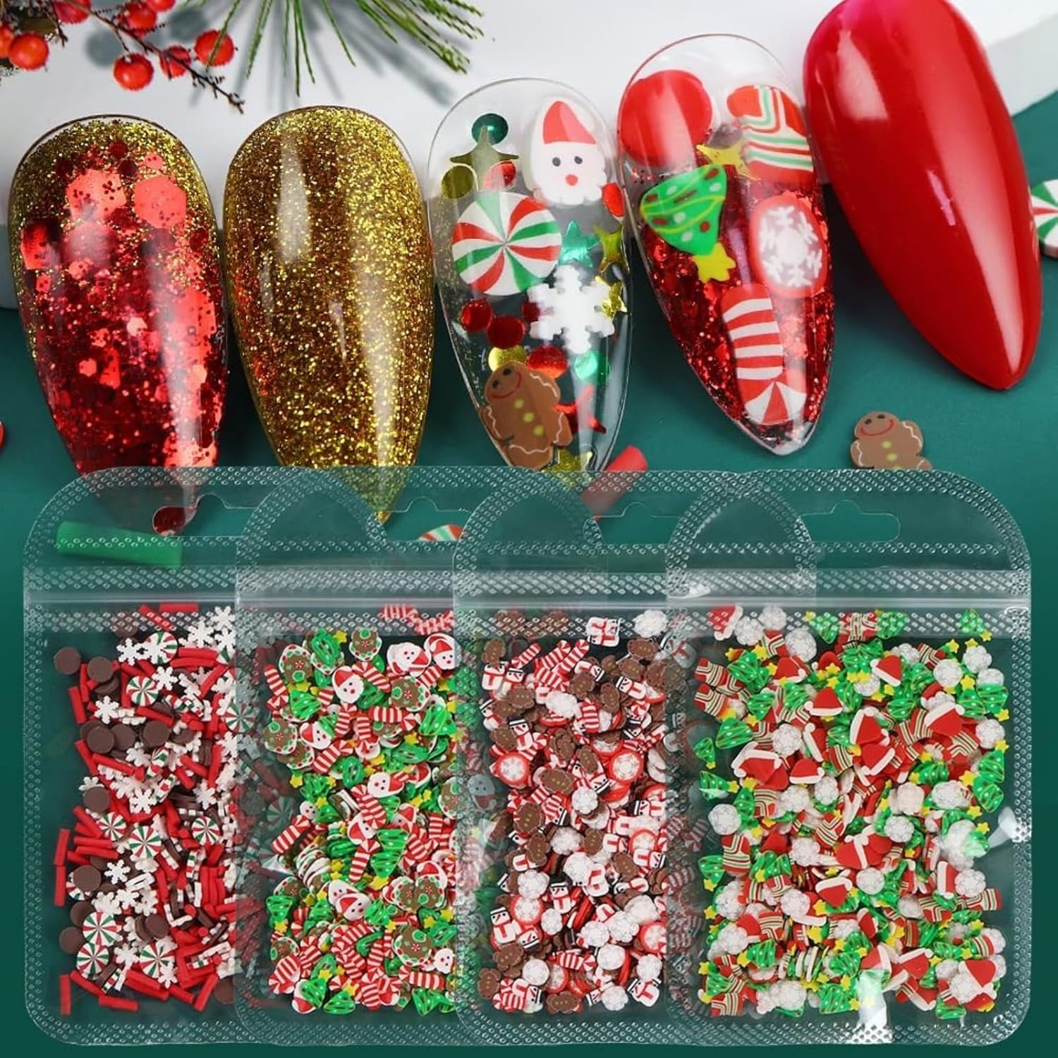 Itadaku 4 Bags Christmas Nail Art Slices 3D Winter Nail Charms, Mini Clay Slices for Acrylic Nails Decorations, Includes Snowflake, Christmas Tree, Candy, Snowman Designs, Festive Nail Art Supplies image number 1