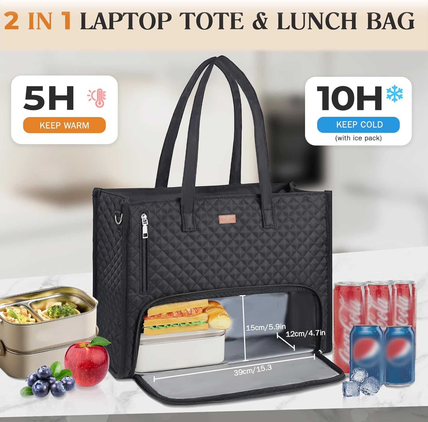 INSMEER Lunch Bag for Women, 22L Large Lunch Tote Bag for Work, Leakproof Lunch Cooler with 15.6 Inch Laptop Compartment, 2-In-1 Tote Bag for Office, Travel, Picnic image number 6