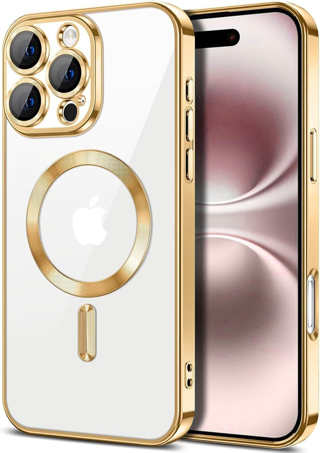 COVRELLA Iphone 16 Pro Max Case Gold, Magnetic & Transparent - Mobile Phone Case with Camera Protection & Lens Protection - Compatible with Magsafe - Shockproof & Scratch Resistant